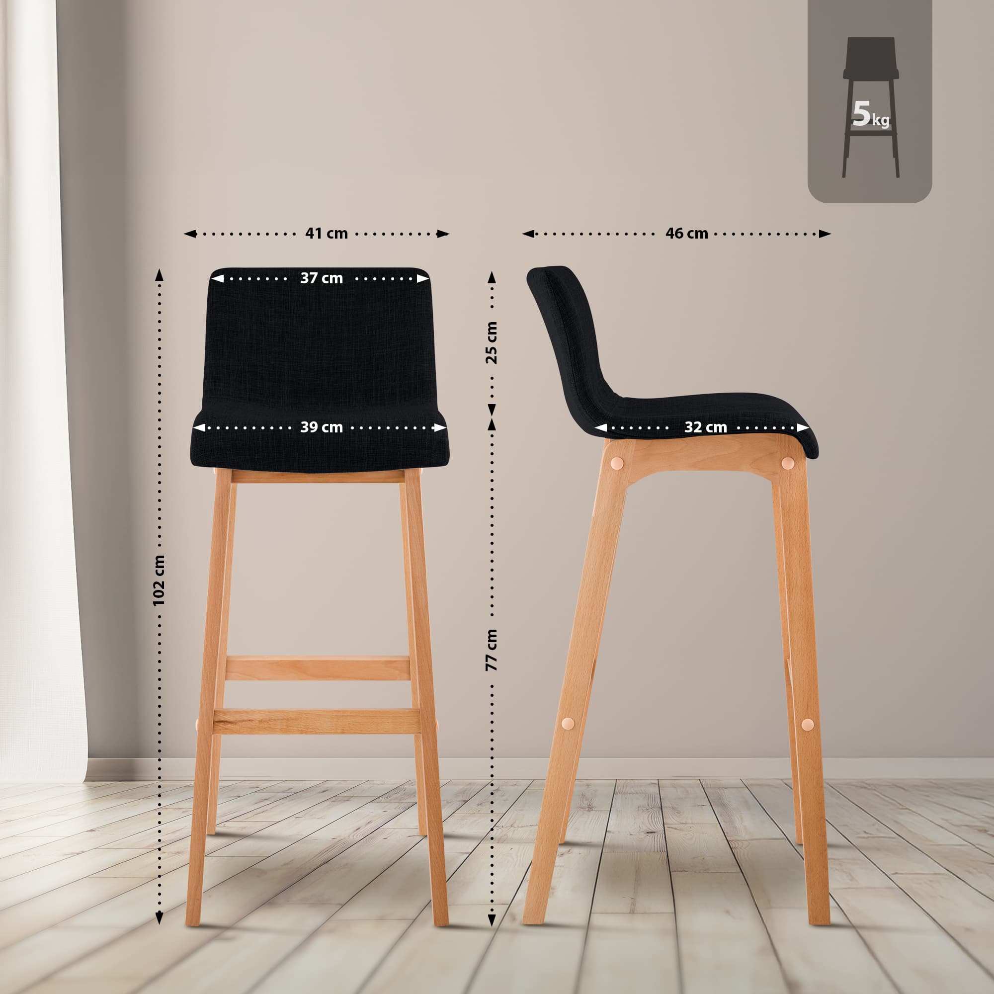 Lot de 2 tabourets de bar Hover en tissu, piètement à quatre pieds en bois naturel