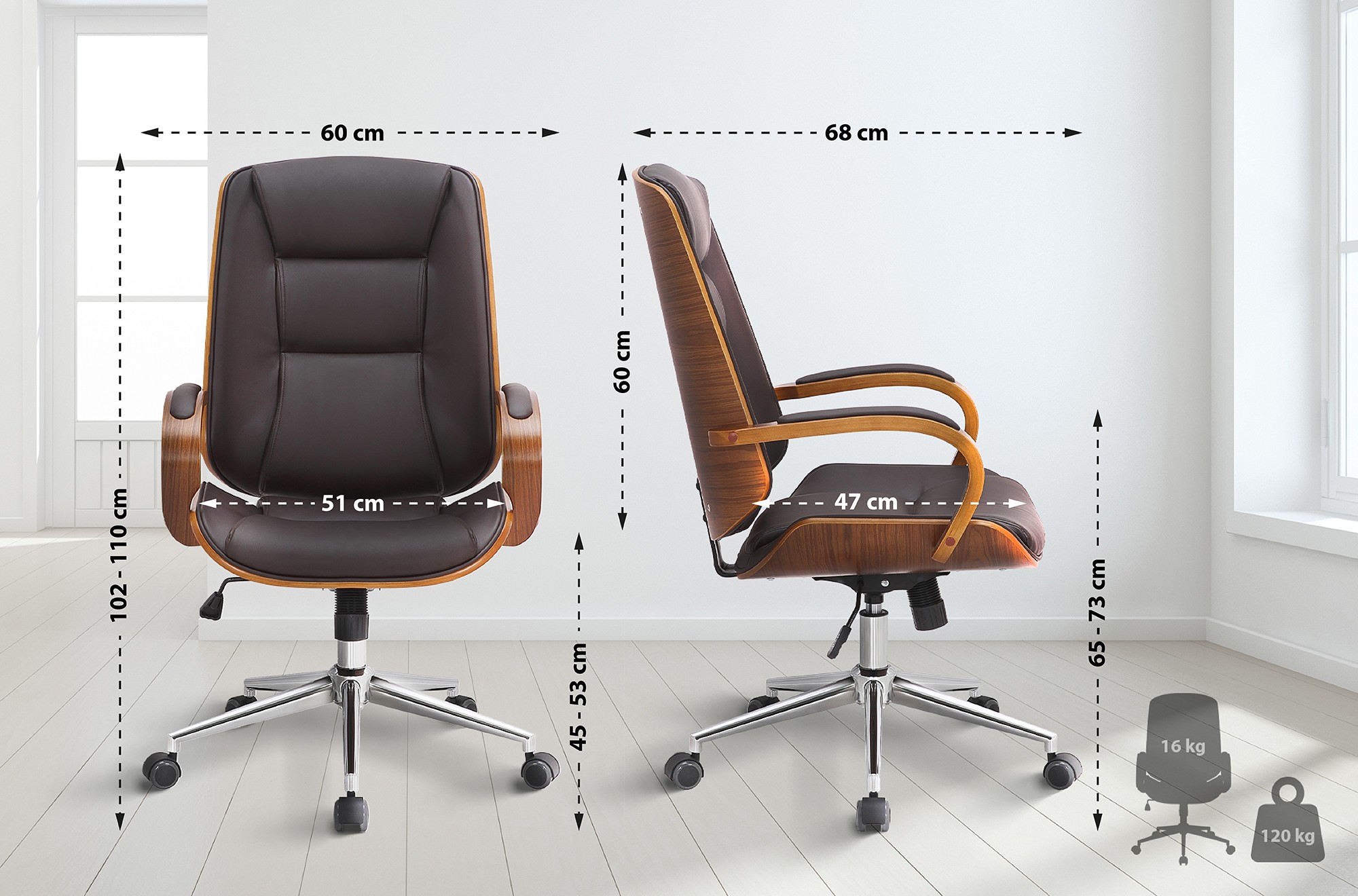 Fauteuil de bureau Yankton en similicuir avec coque de siège en bois