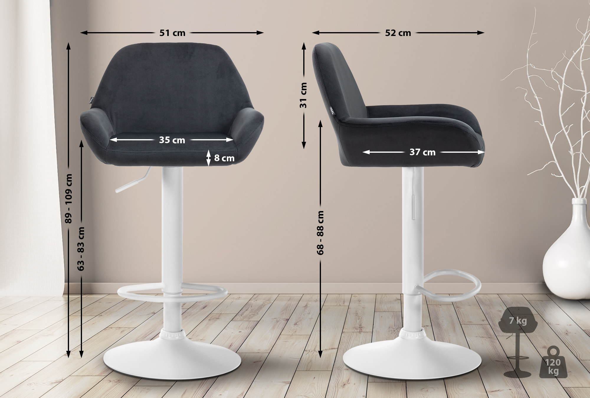 Tabouret de bar Braga Velours avec pied en métal réglable et pivotant