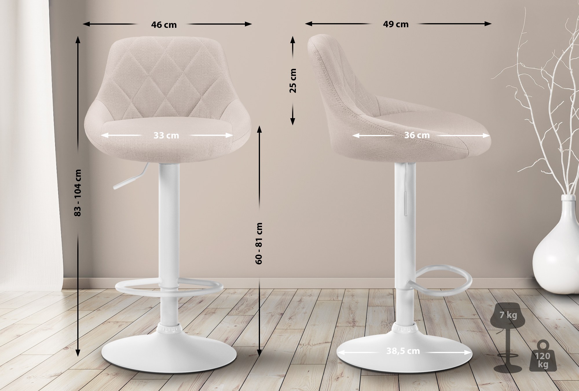 Tabouret de bar Lazio en Tissu Hauteur réglable siège pivotant