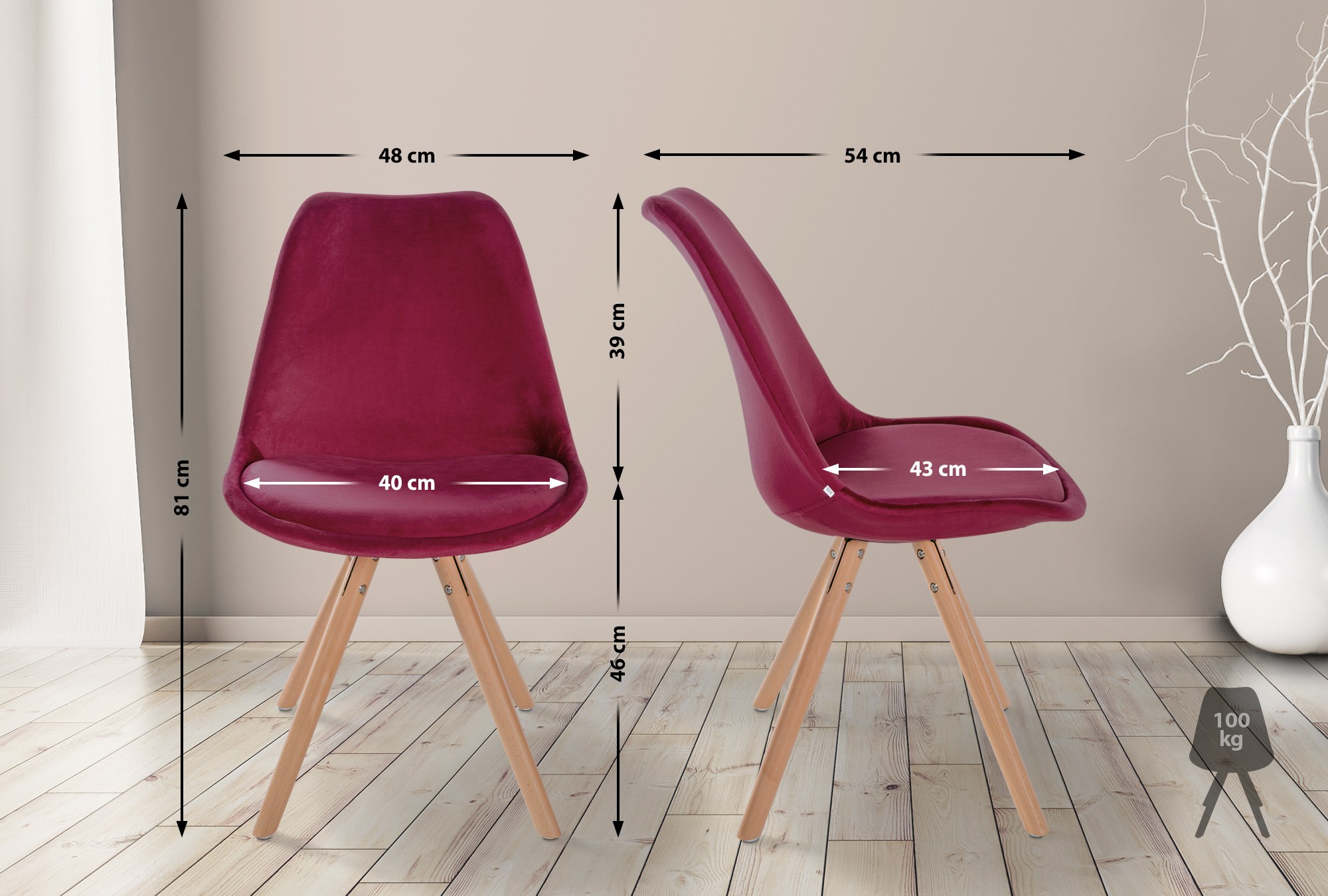 Lot de 4 chaises de salle à manger Sofia en velours Pieds en bois