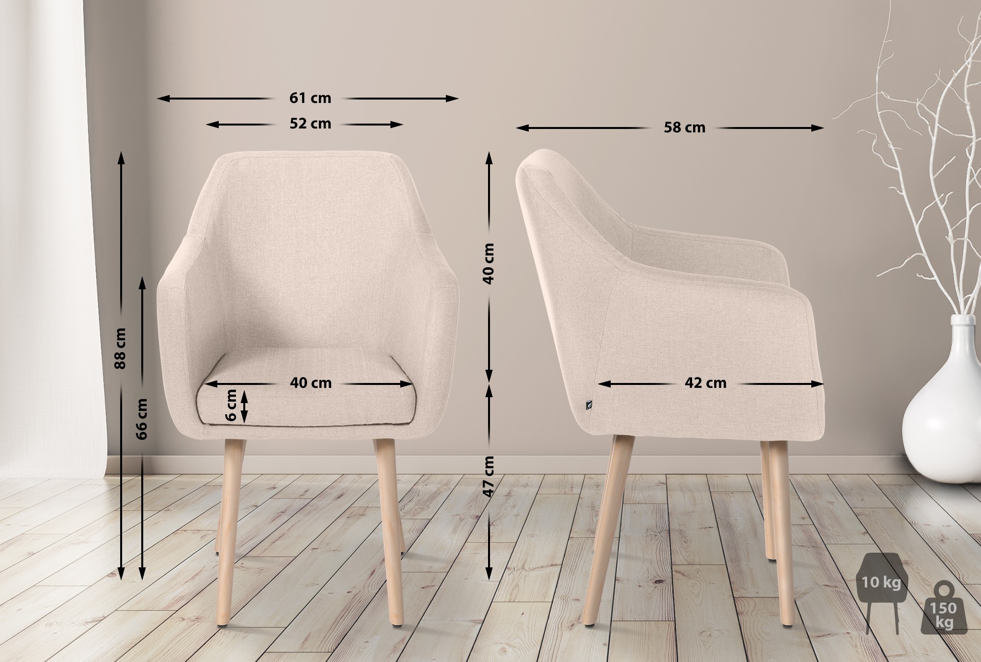 Chaise de salle à manger Utrecht en tissu avec pieds en bois