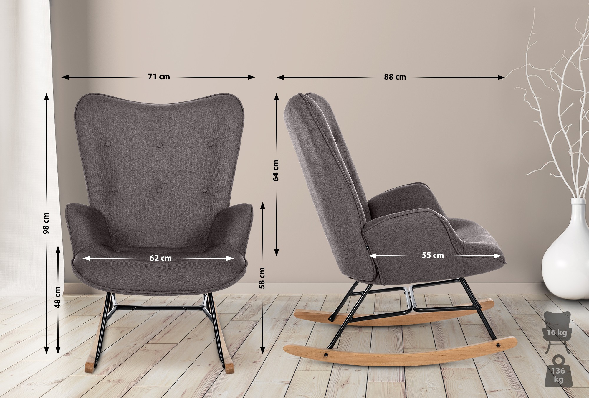 Fauteuil à bascule Sanka en tissu