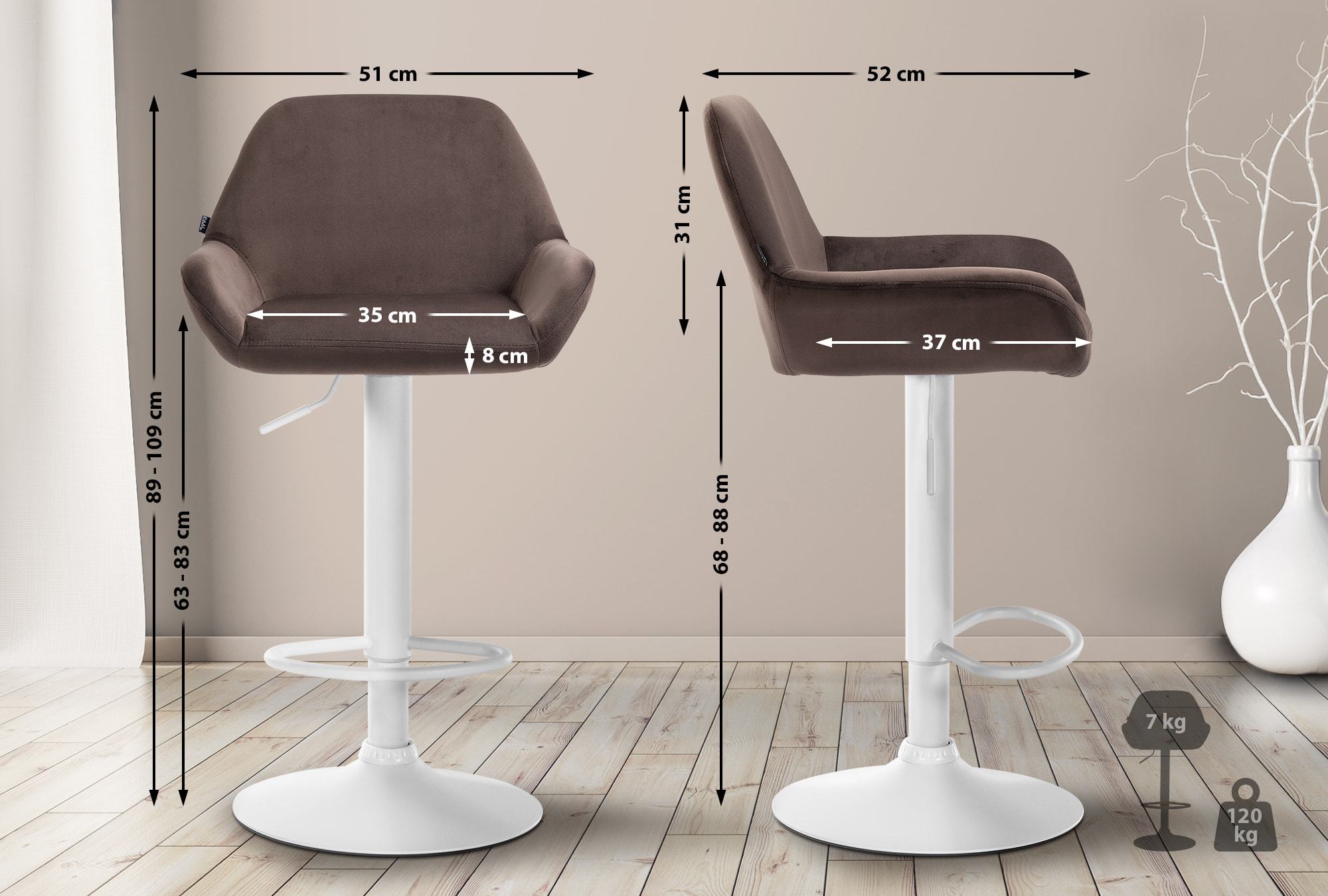 Tabouret de bar Braga Velours avec pied en métal réglable et pivotant