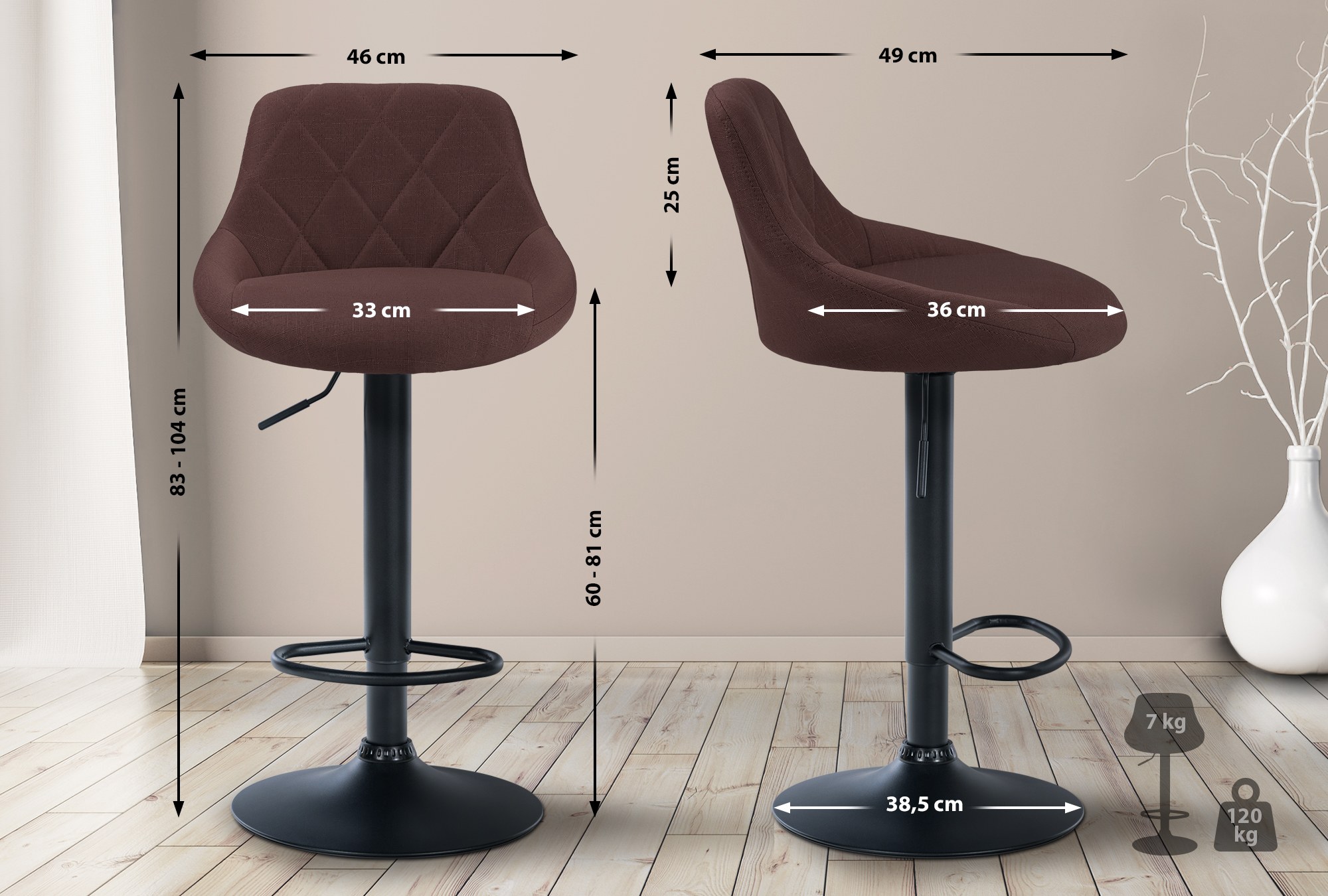 Tabouret de bar Lazio en Tissu Hauteur réglable siège pivotant