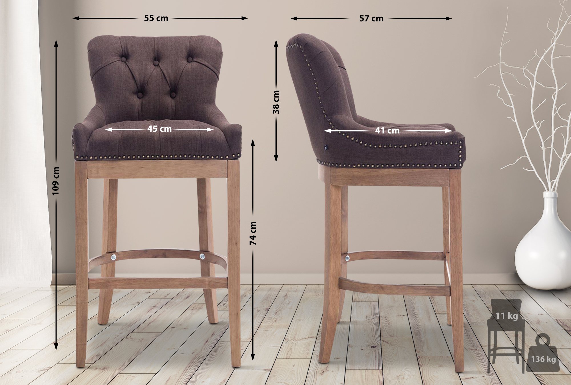 Tabouret de bar Lakewood tissu Piètement antique clair