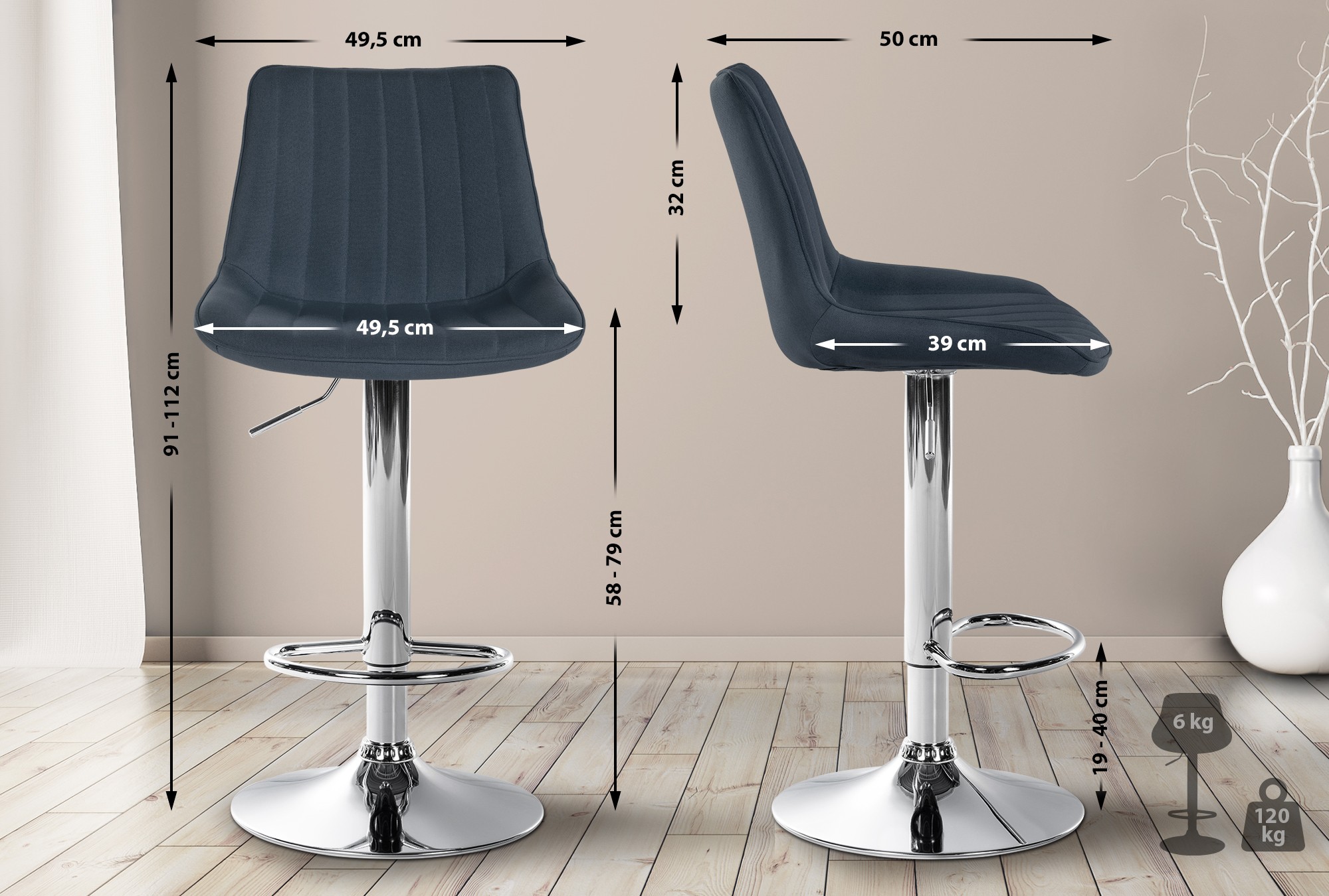 Lot de 2 tabourets de bar Toni tissu
