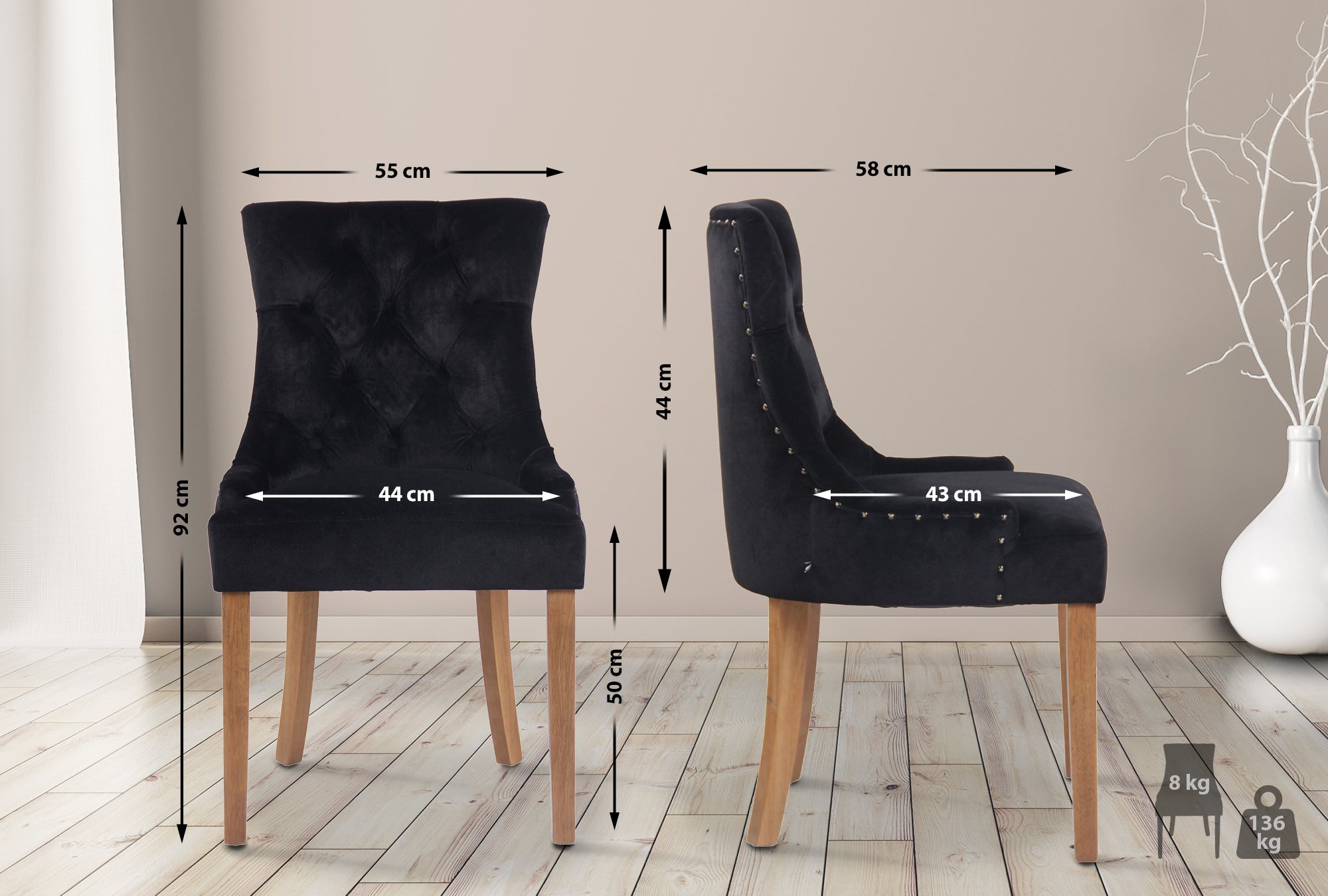 Lot de 4 Chaises de salle à manger Aberdeen en Velours Piètement en bois d'hévéa
