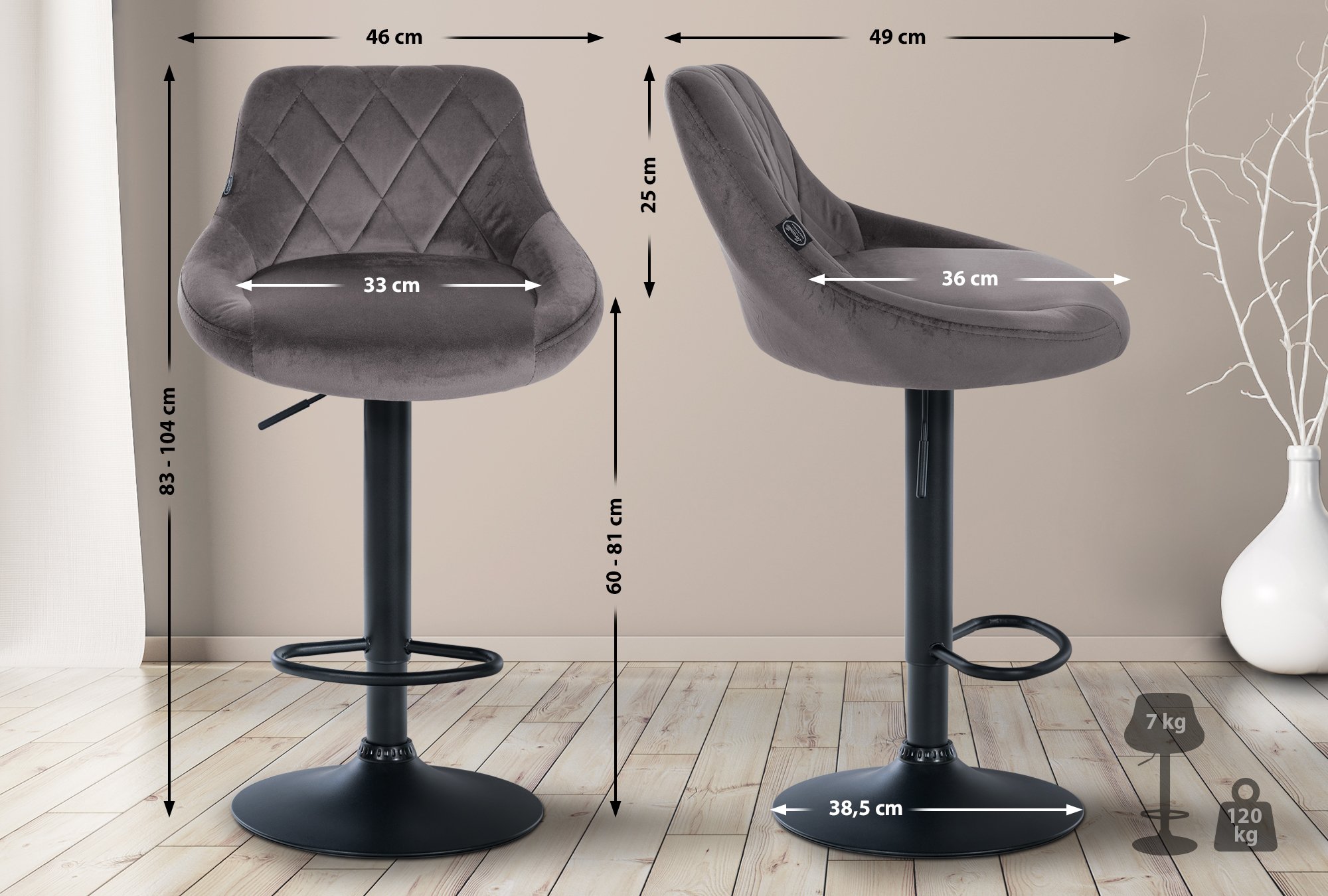 Lot de 2 tabourets de bar Lazio velours