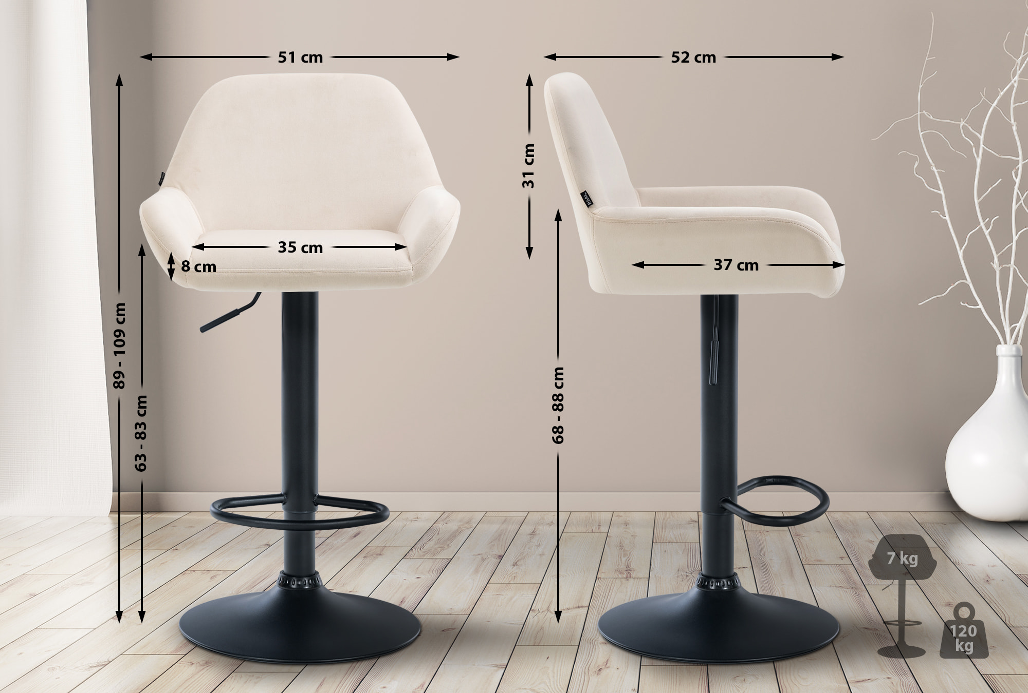 Ensemble de 2 tabourets de bar Braga en velours