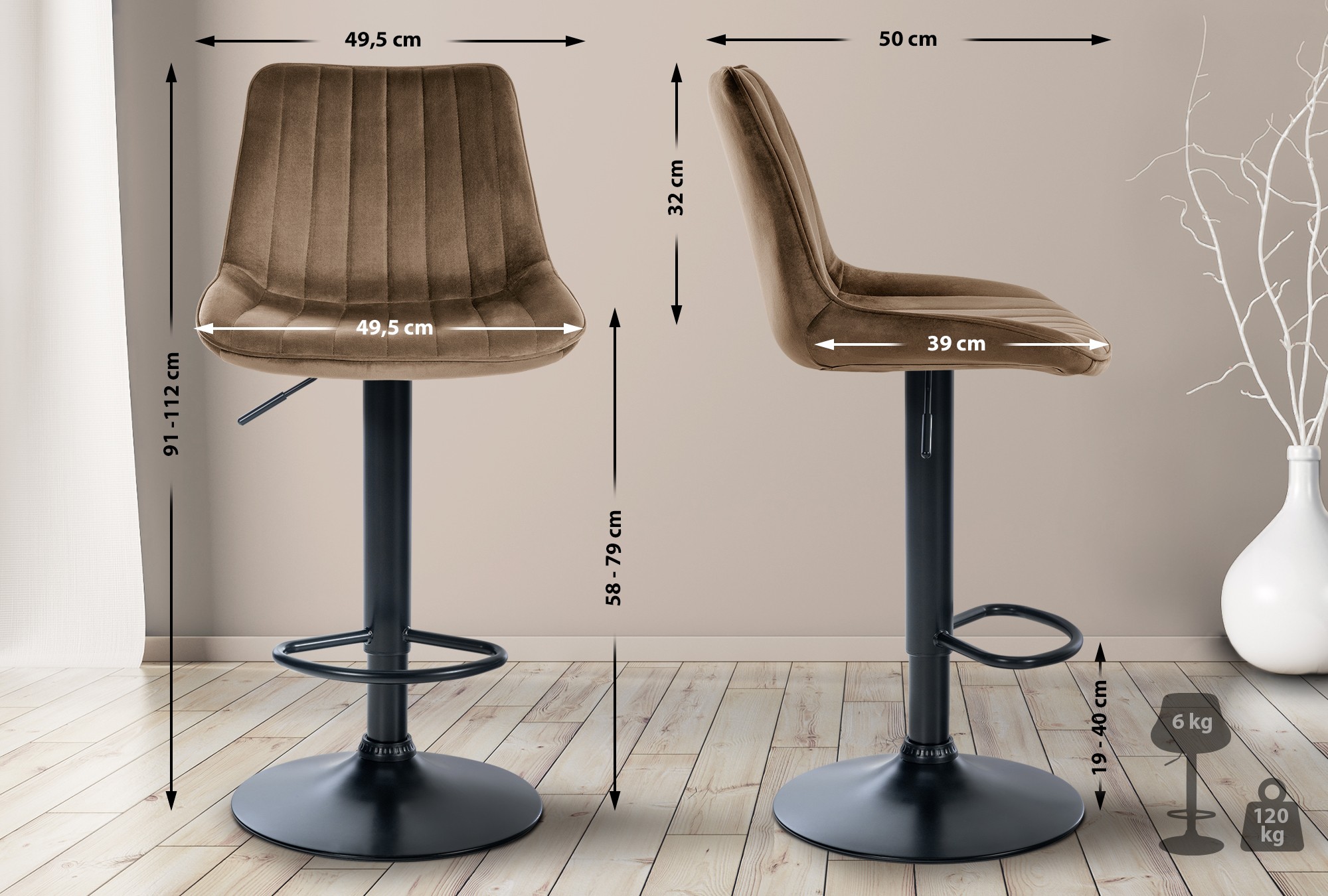 Tabouret de bar Toni en velours
