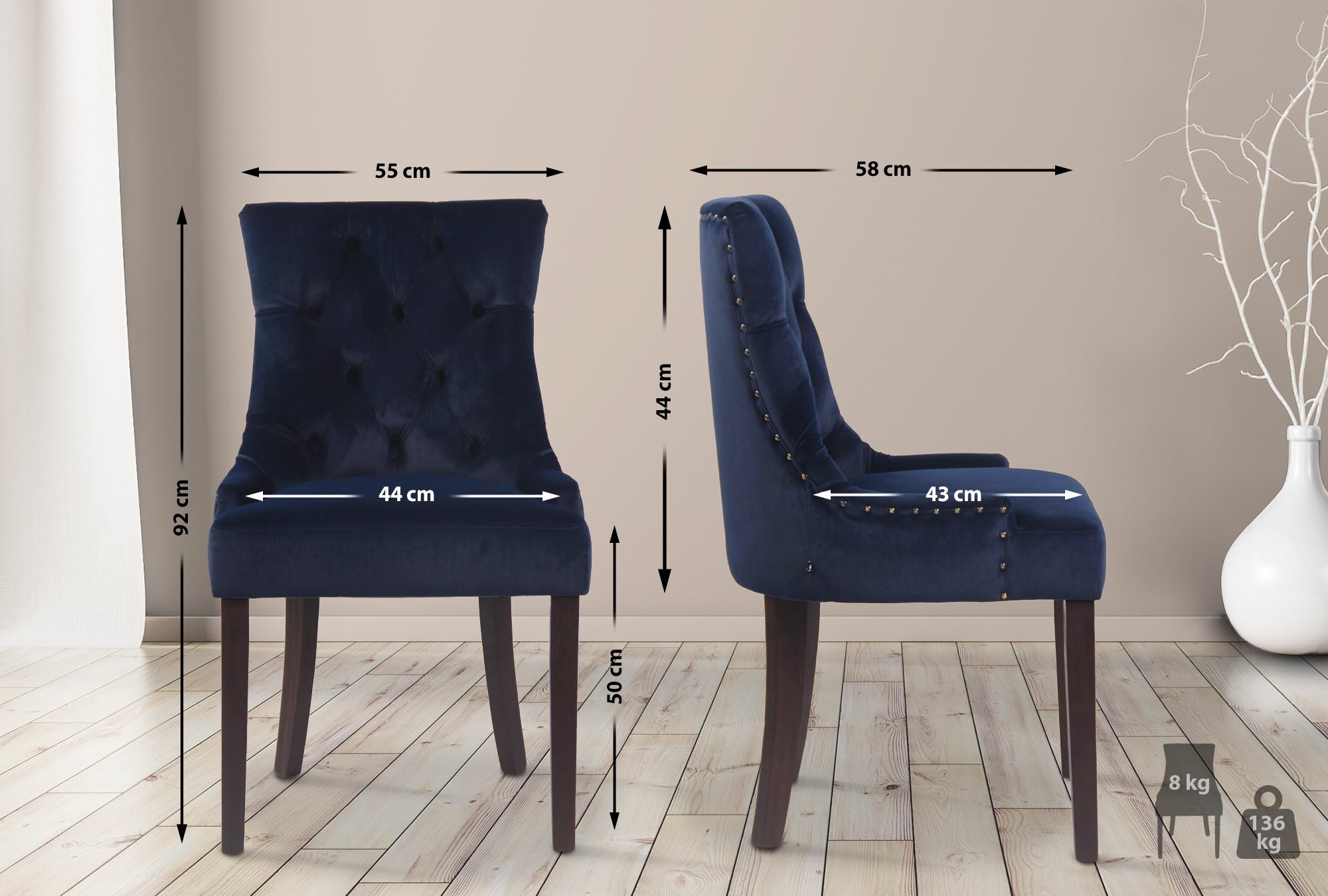 Chaise de salle à manger Aberdeen en Velours avec Piètement en bois d'hévéa