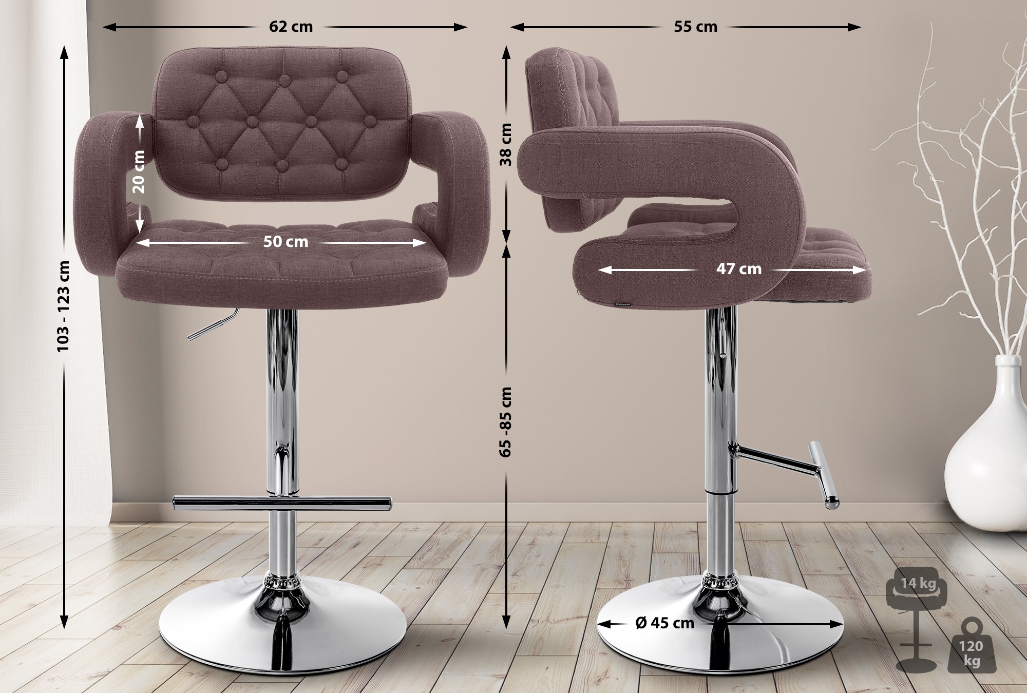 Tabouret de bar Dublin Tissu avec pied en métal