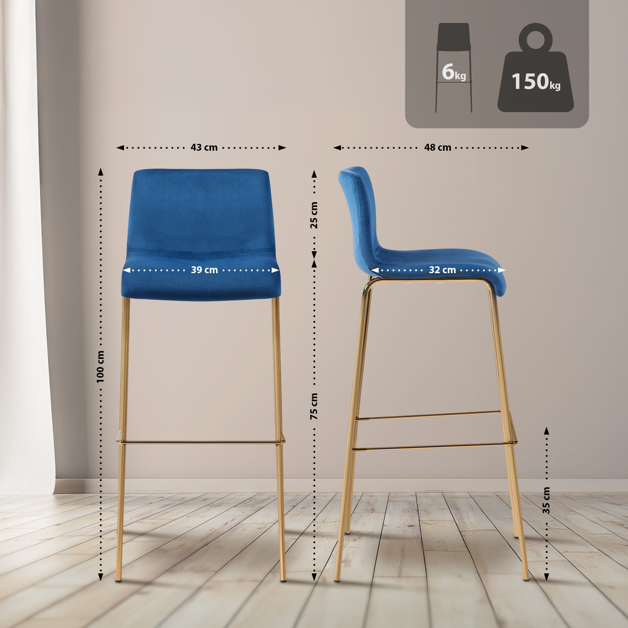 Tabouret de bar Hoover velours piètement 4 pieds or