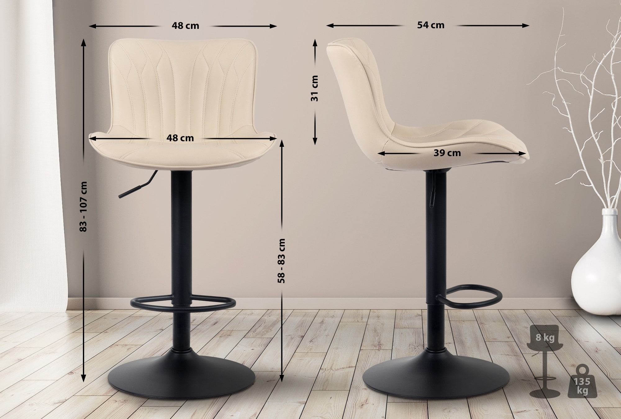 Tabouret de bar Linus Pied en Métal Hauteur réglable Siège pivotant