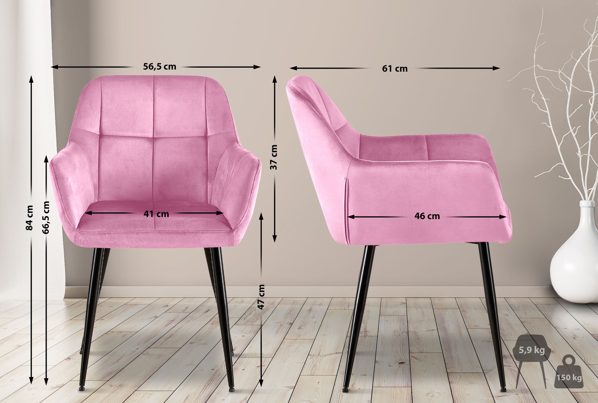Chaise de salle à manger Emia en Velours avec Piètement en Métal noir