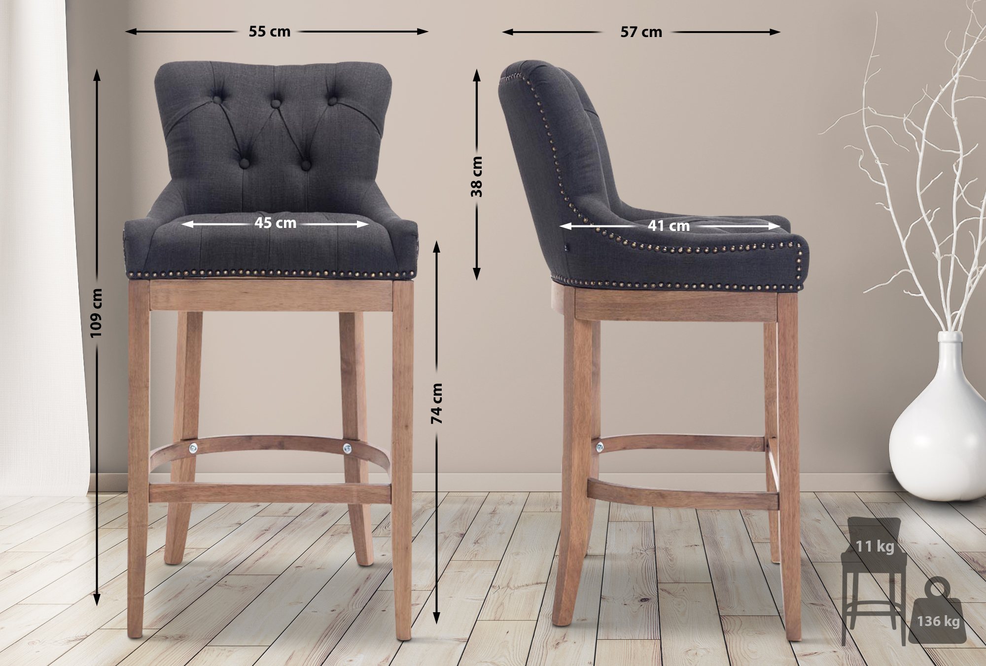 Tabouret de bar Lakewood tissu Piètement antique clair