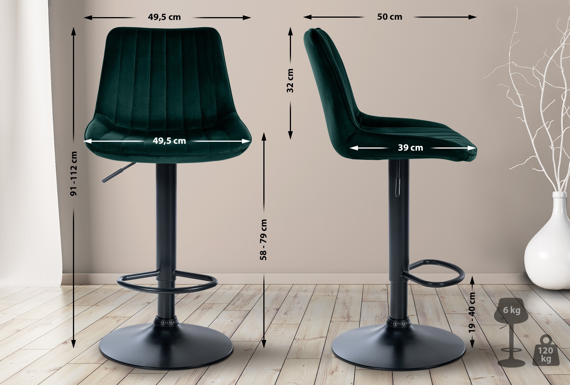 Lot de 2 tabourets de bar Toni velours