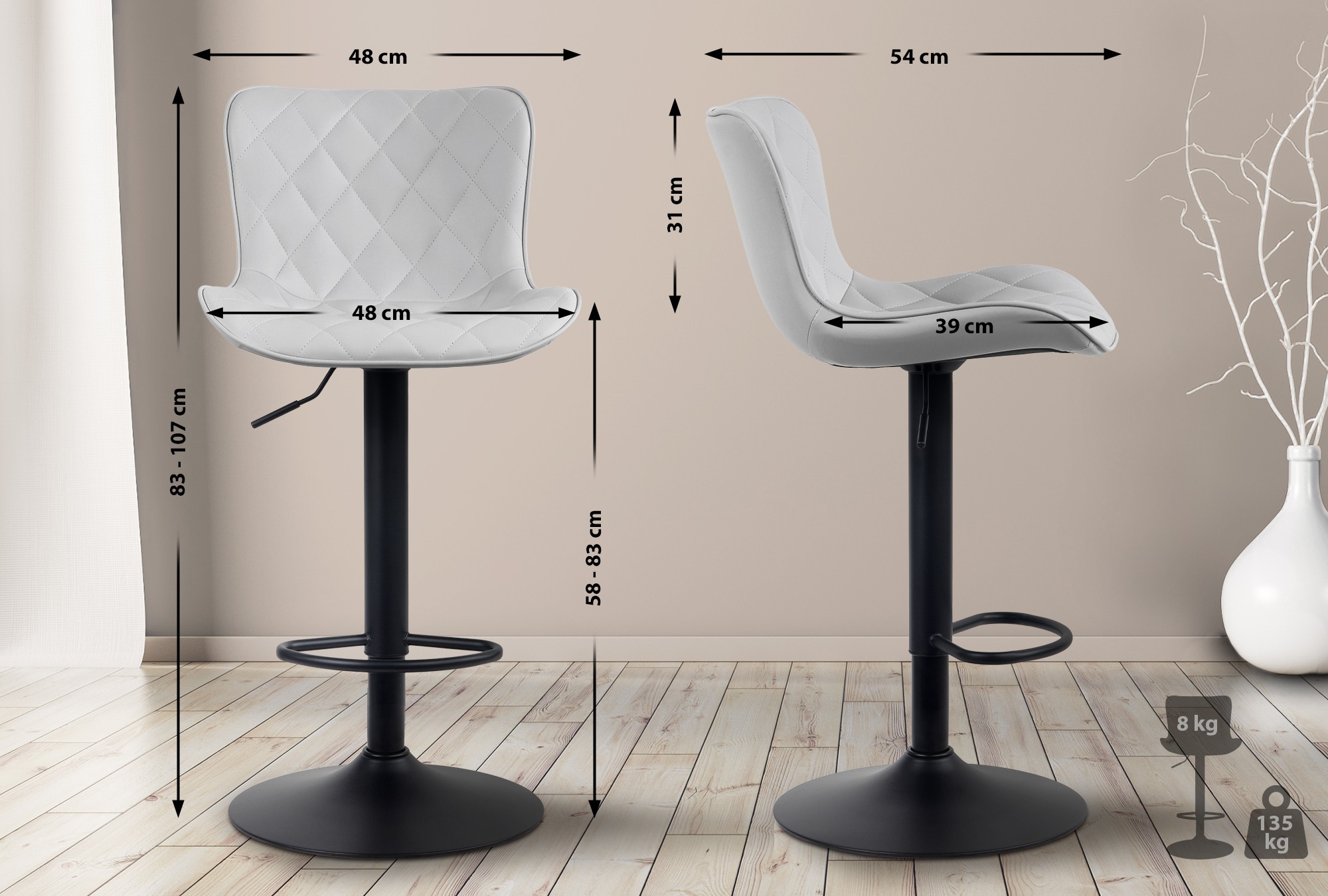 Tabouret de bar Emma Pied en Métal Hauteur réglable Siège pivotant