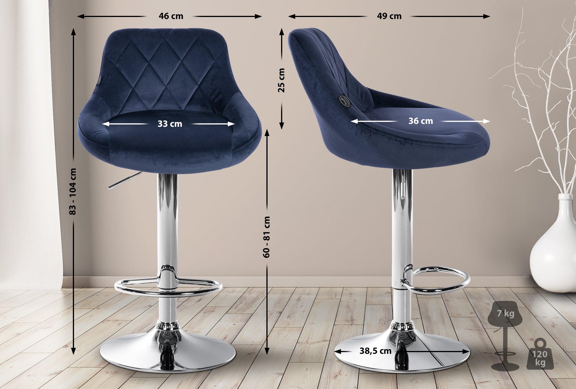 Tabouret de bar Lazio en velours avec pied en métal