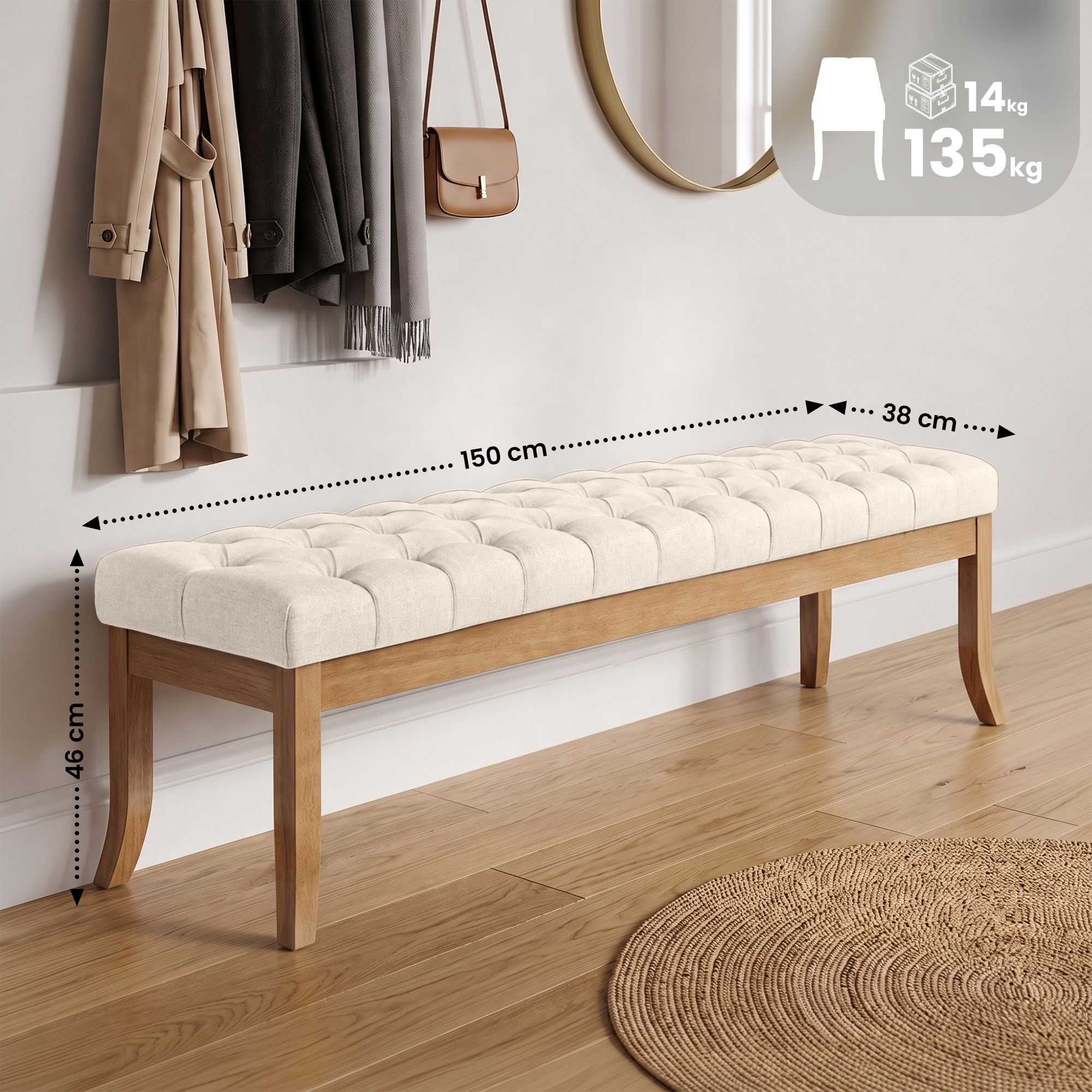 Banc Ramses tissu pieds antique clair