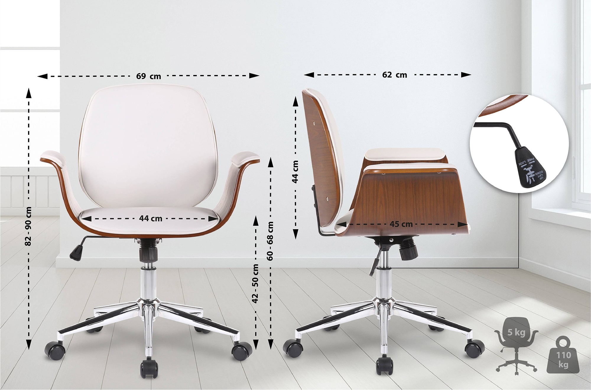 Fauteuil de bureau Kemberg en similicuir avec coque d'assise en bois