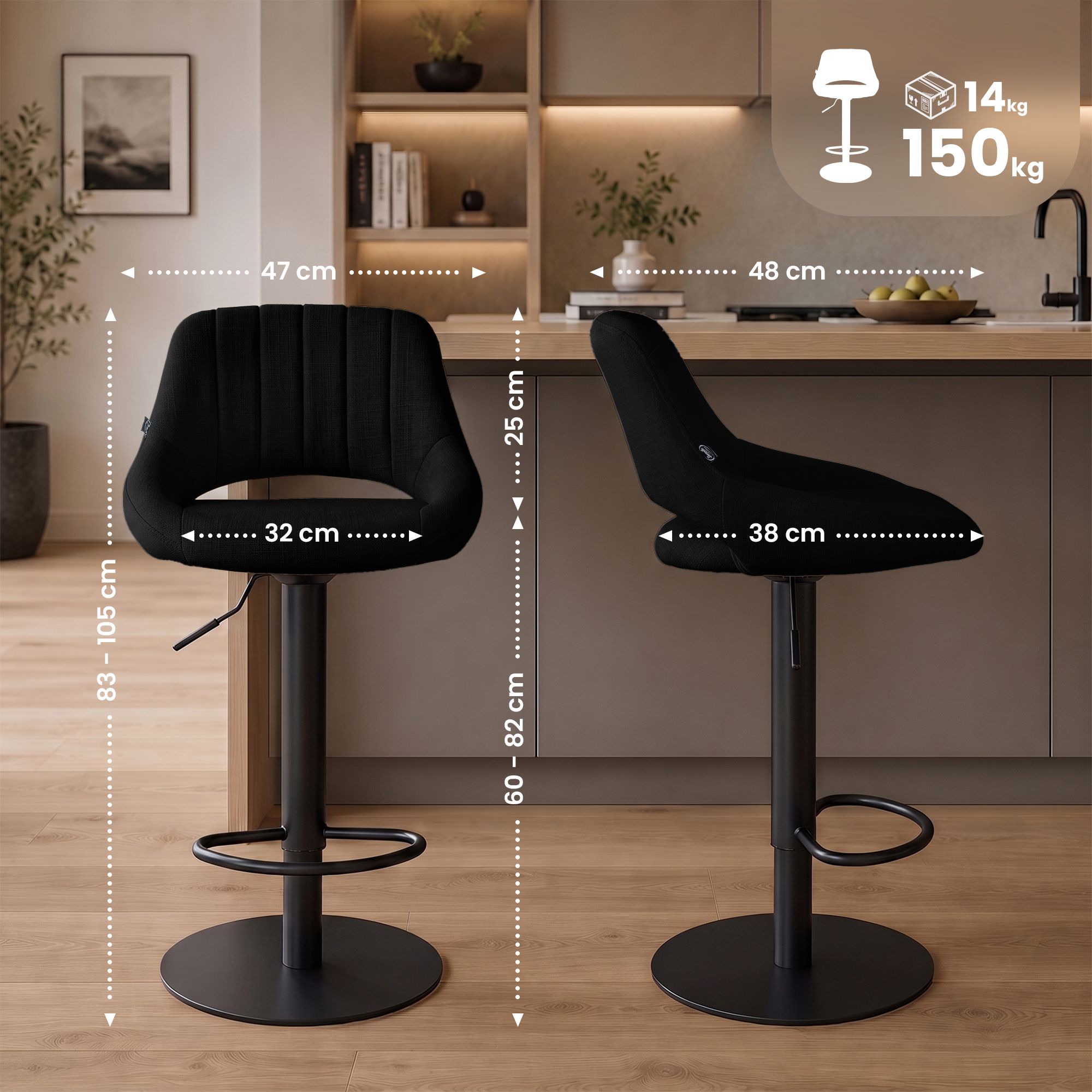 Tabouret de bar Milet noir avec pied extra lourd