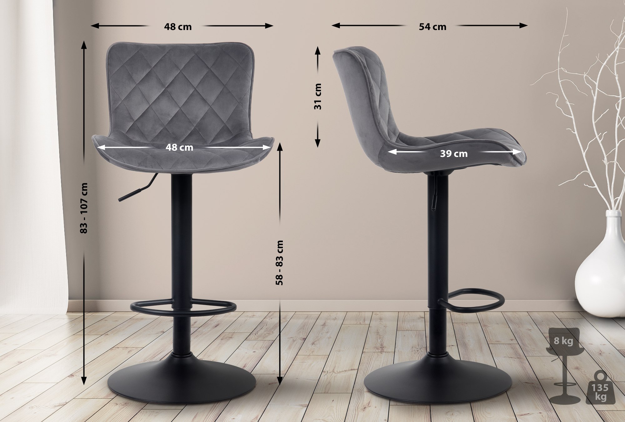 Tabouret de bar Emma Pied en Métal Hauteur réglable Siège pivotant