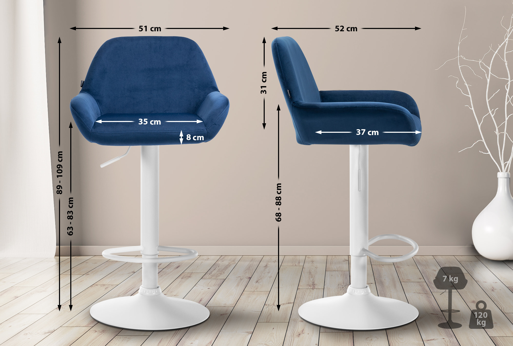 Tabouret de bar Braga Velours avec pied en métal réglable et pivotant