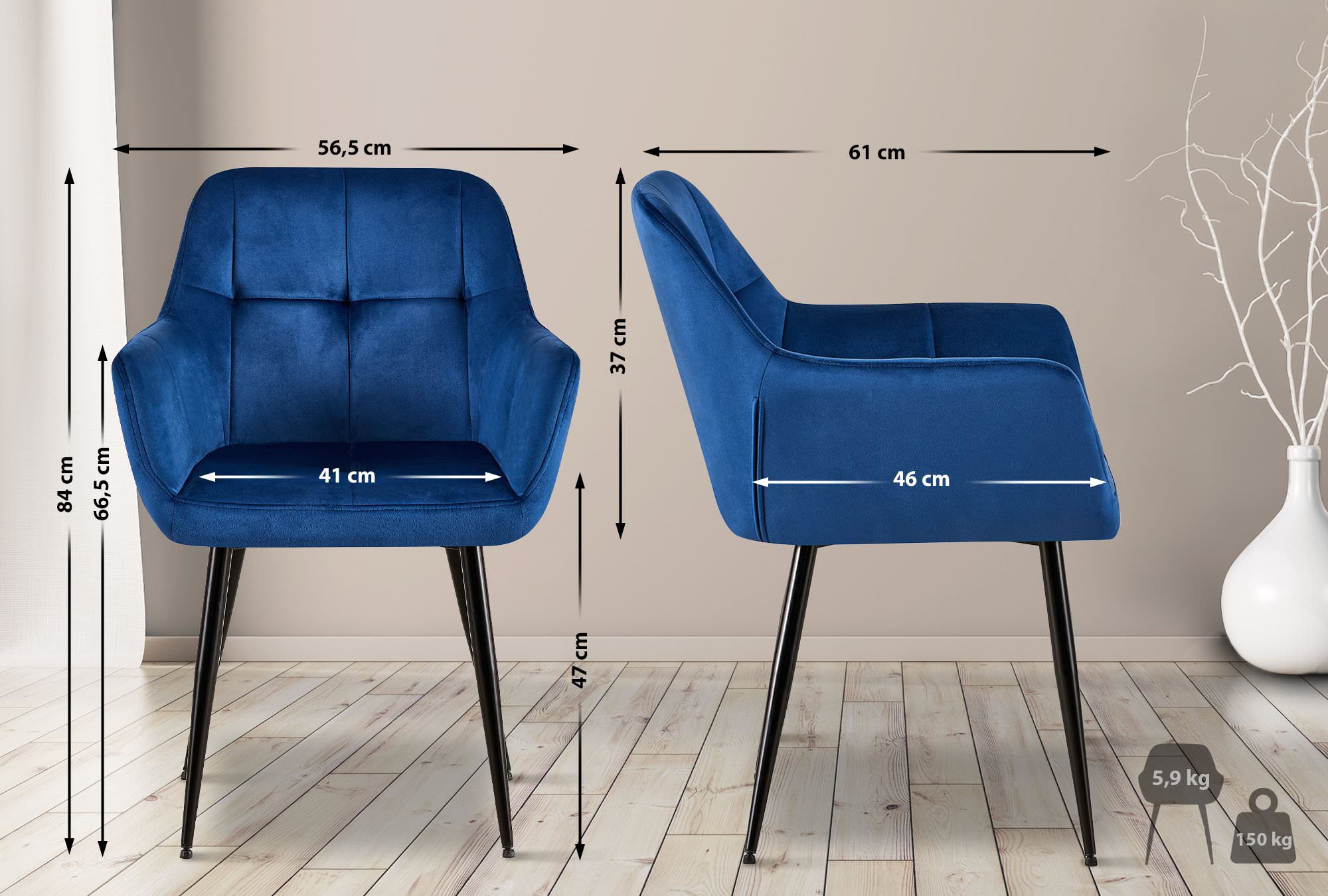 Lot de 2 chaises de salle à manger Emia velours