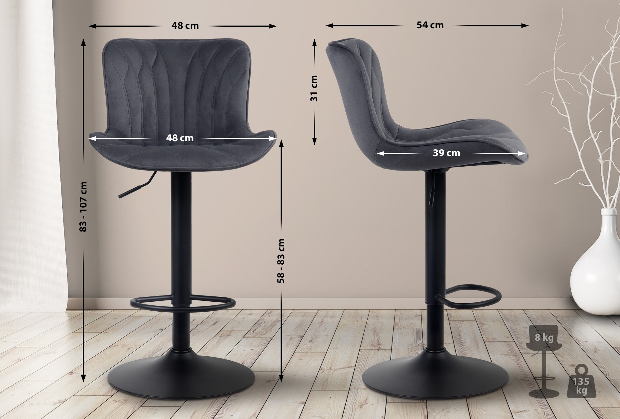 Lot de 2 Tabourets de bar Linus Pied en Métal réglable pivotant