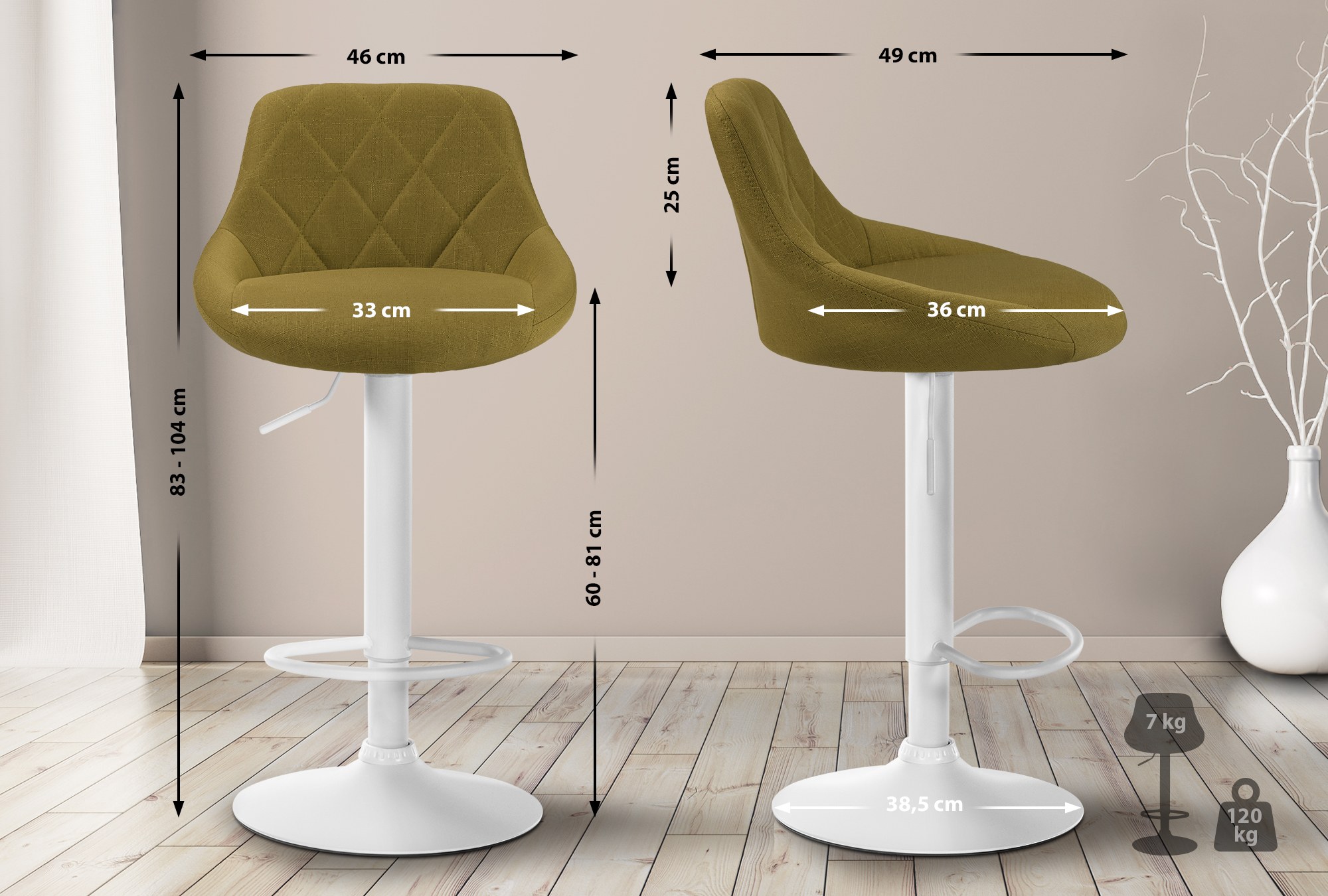Tabouret de bar Lazio en Tissu Hauteur réglable siège pivotant