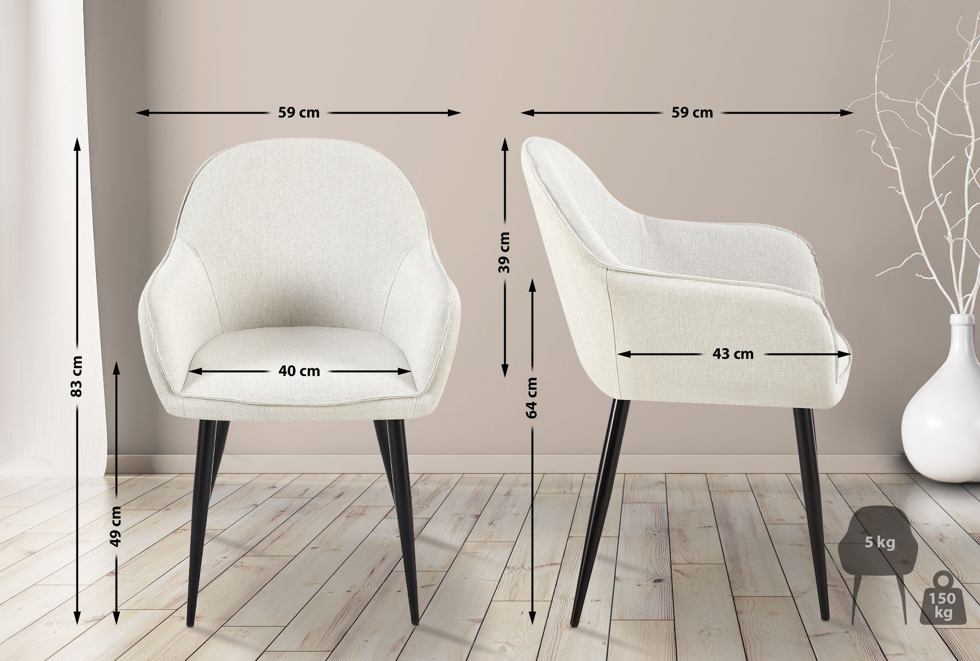 Chaise de salle à manger Boise en Tissu avec Piètement en Métal noir