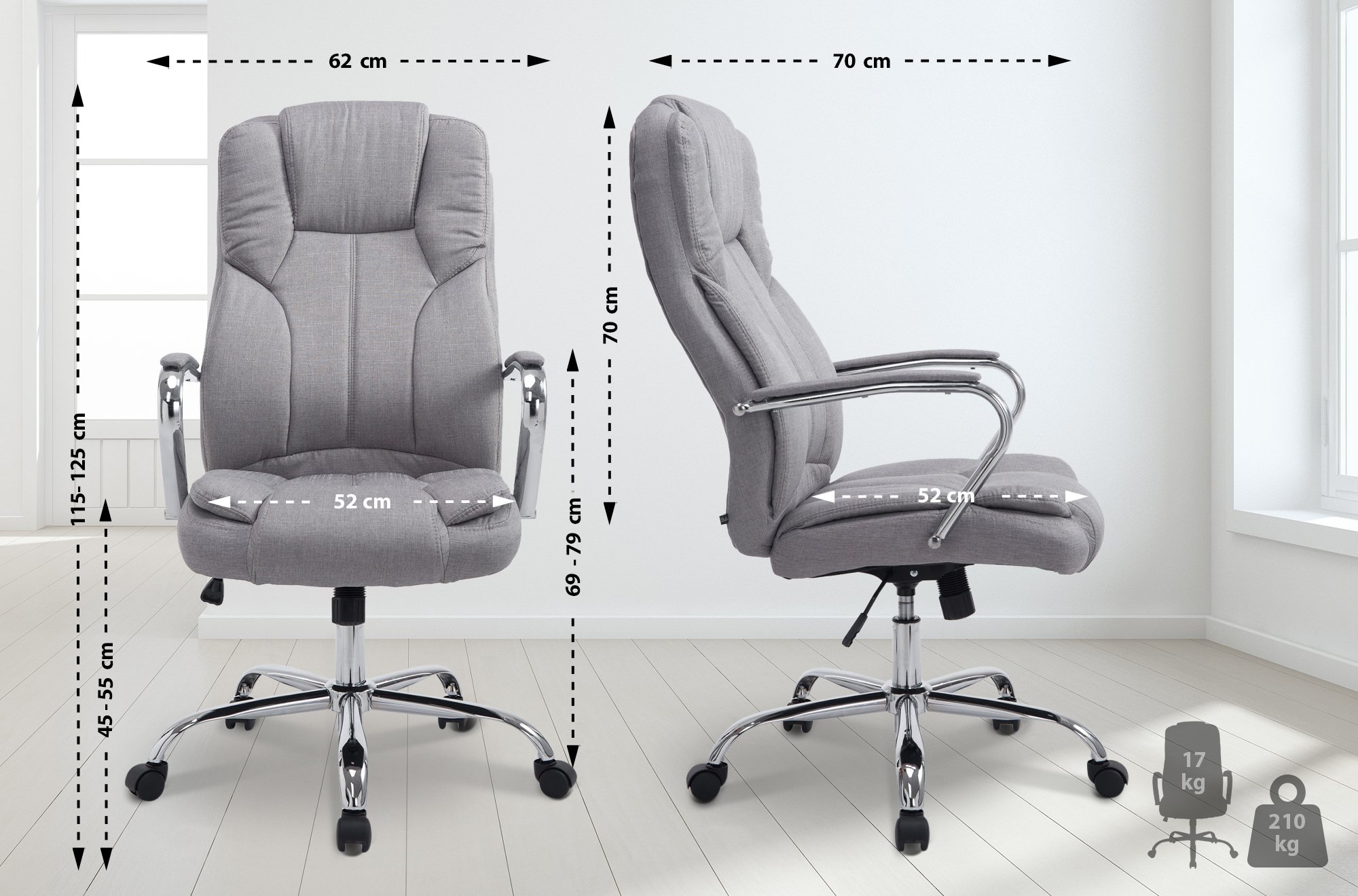 Fauteuil de bureau XXL Xanthos en Tissu capacité de charge de 210 kg