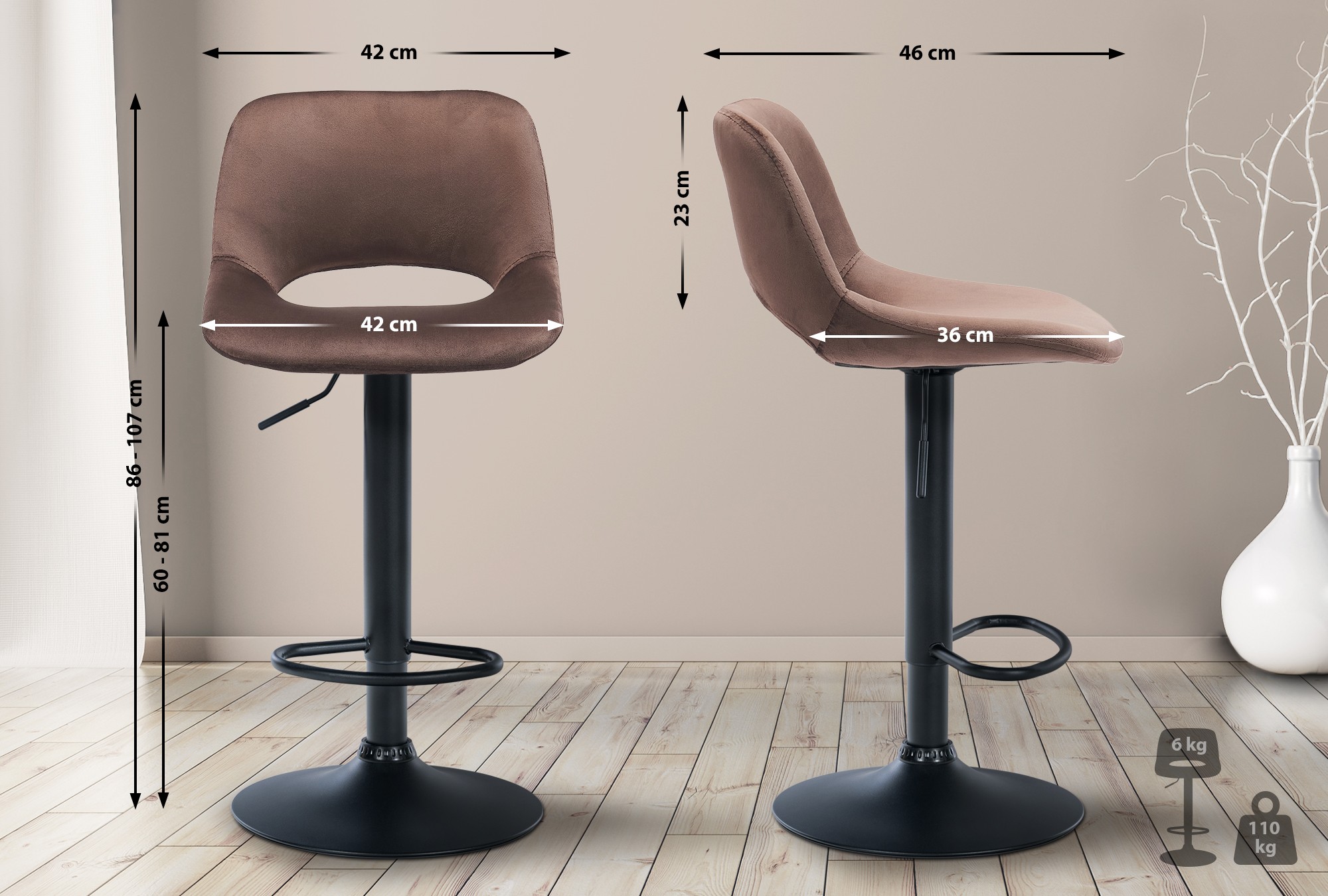 Lot de 2 tabourets de bar Camden velours