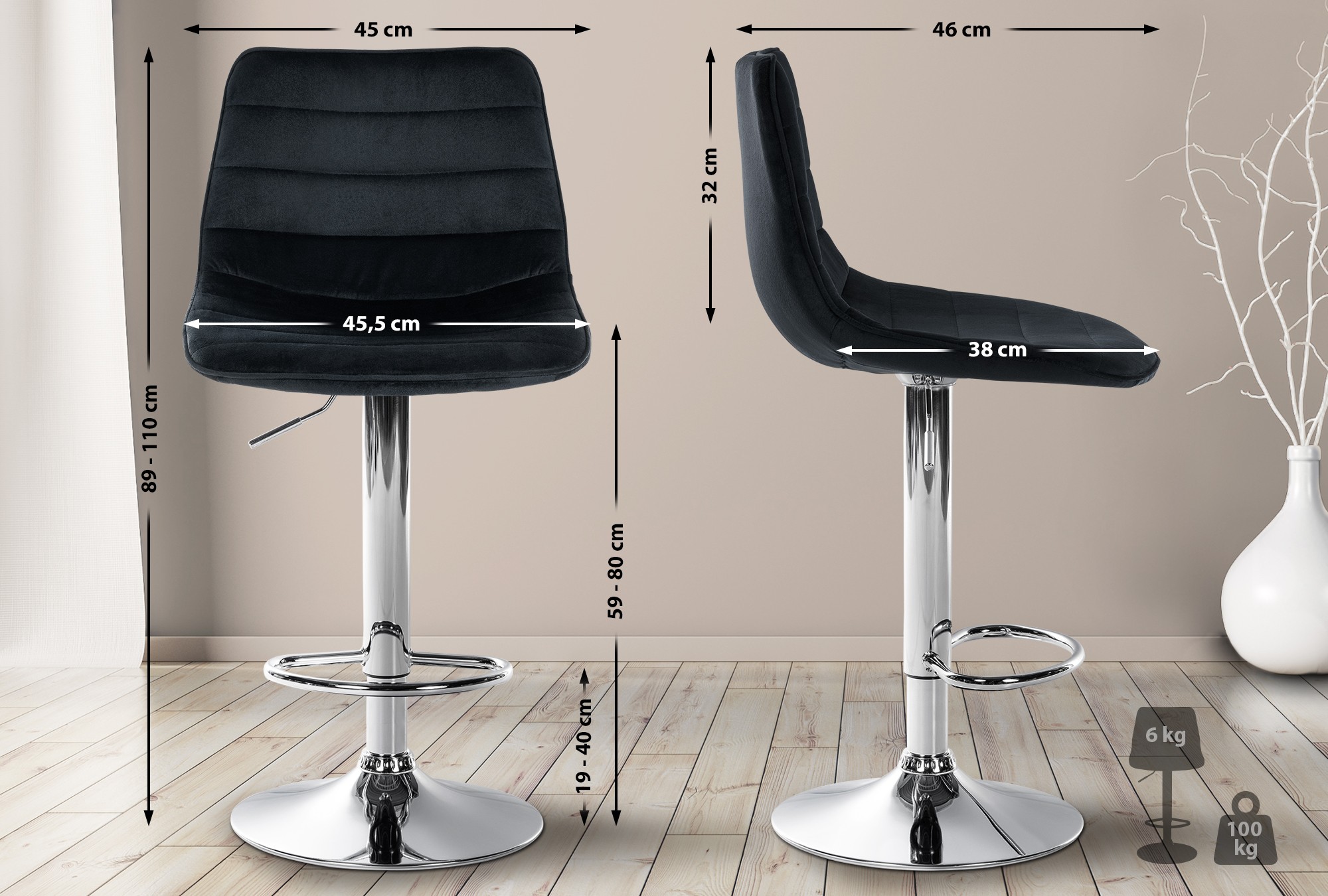 Lot de 2 tabourets de bar Lex velours