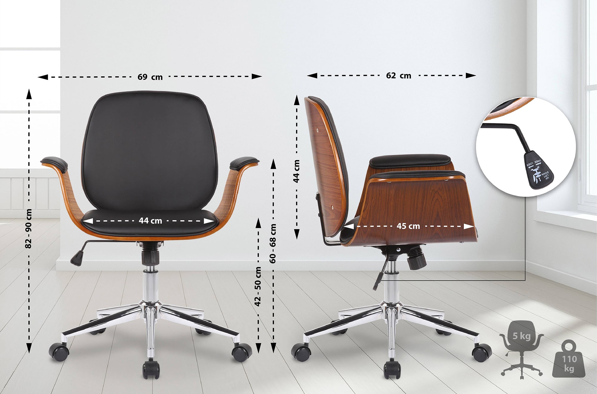 Fauteuil de bureau Kemberg en similicuir avec coque d'assise en bois