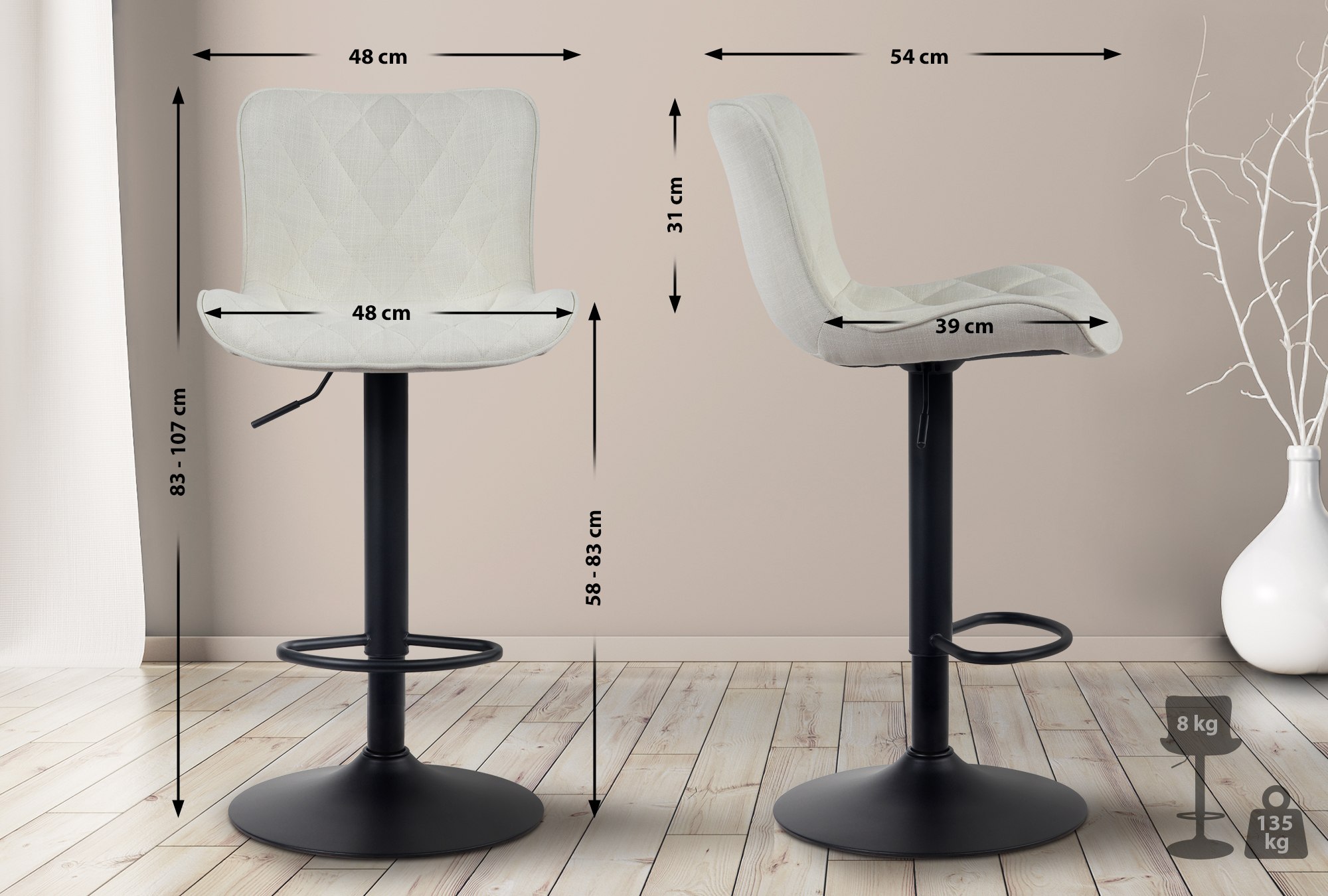 Tabouret de bar Emma Pied en Métal Hauteur réglable Siège pivotant