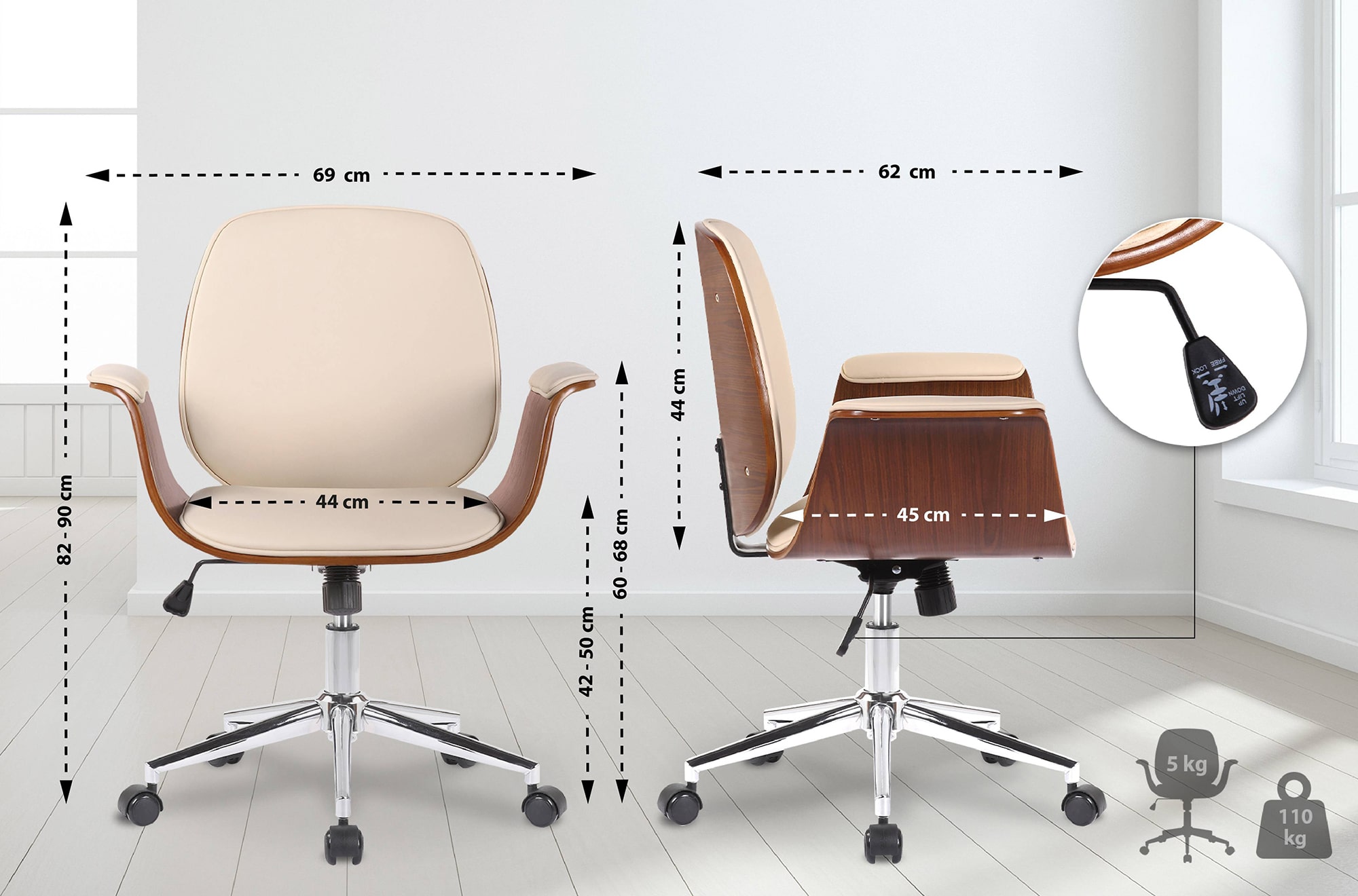 Fauteuil de bureau Kemberg en similicuir avec coque d'assise en bois
