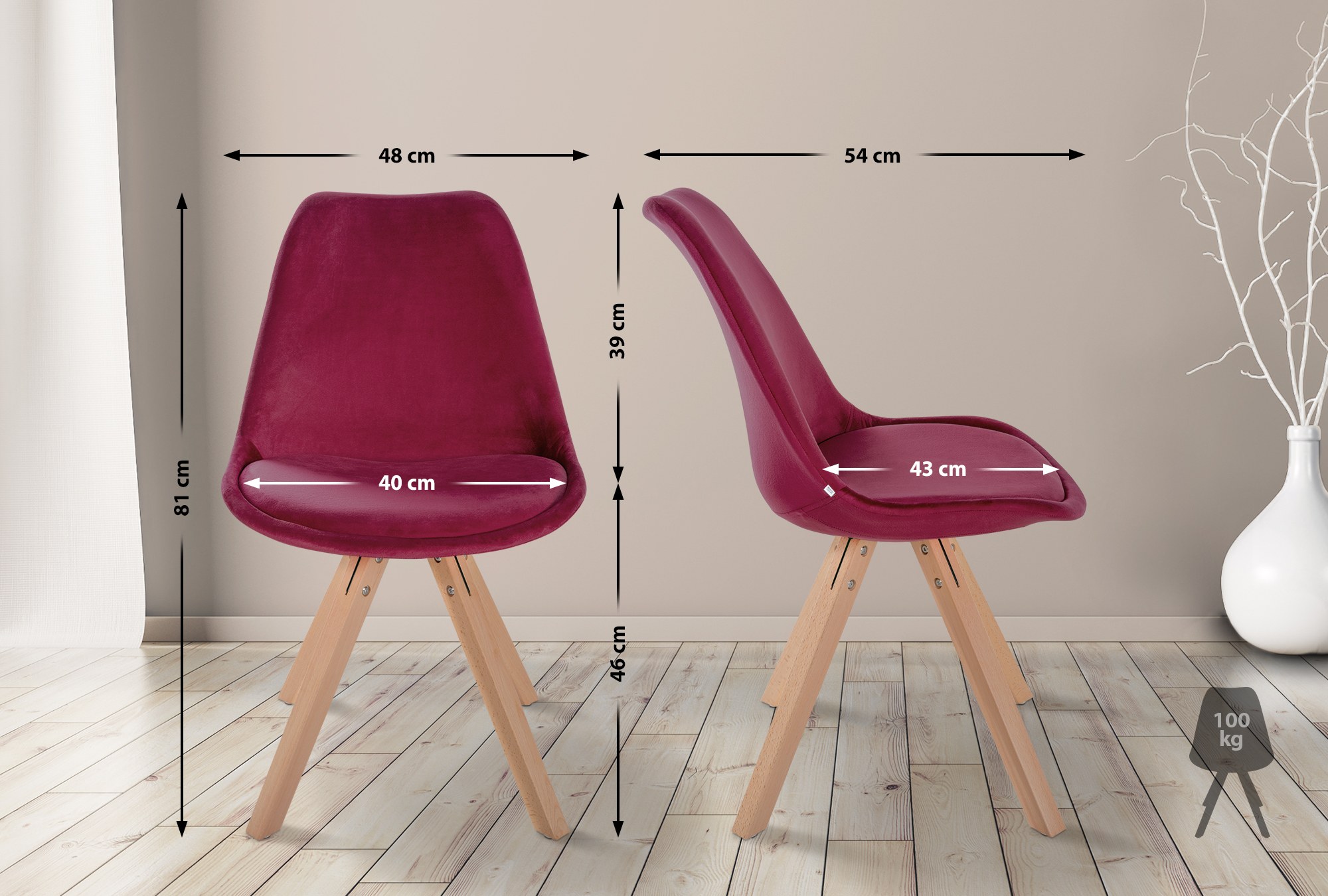 Lot de 4 chaises de salle à manger Sofia en velours Pieds en bois
