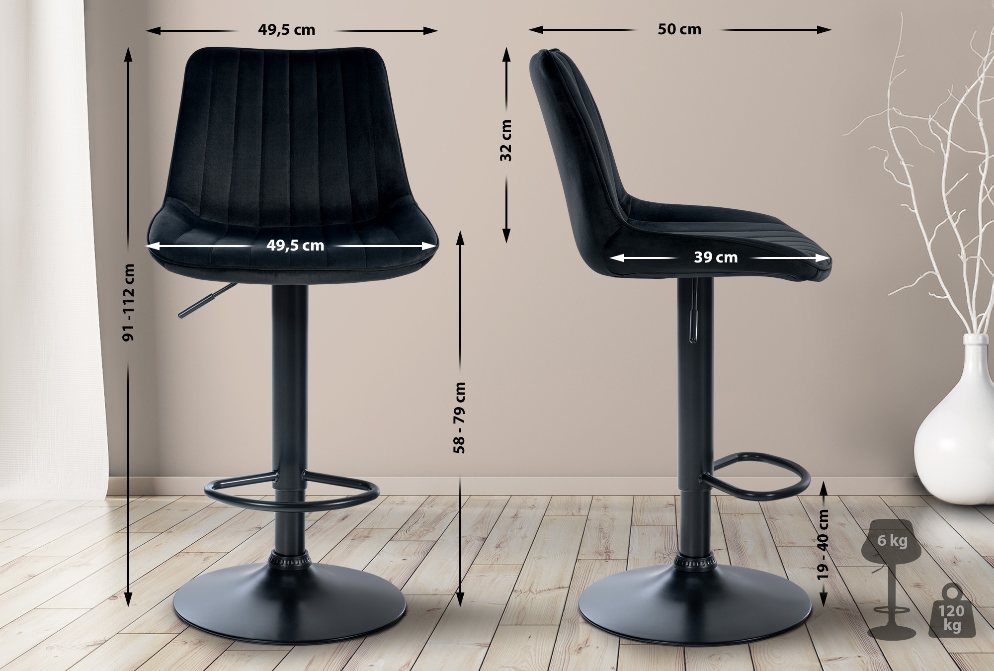 Tabouret de bar Toni en Velours Pied trompette en Métal