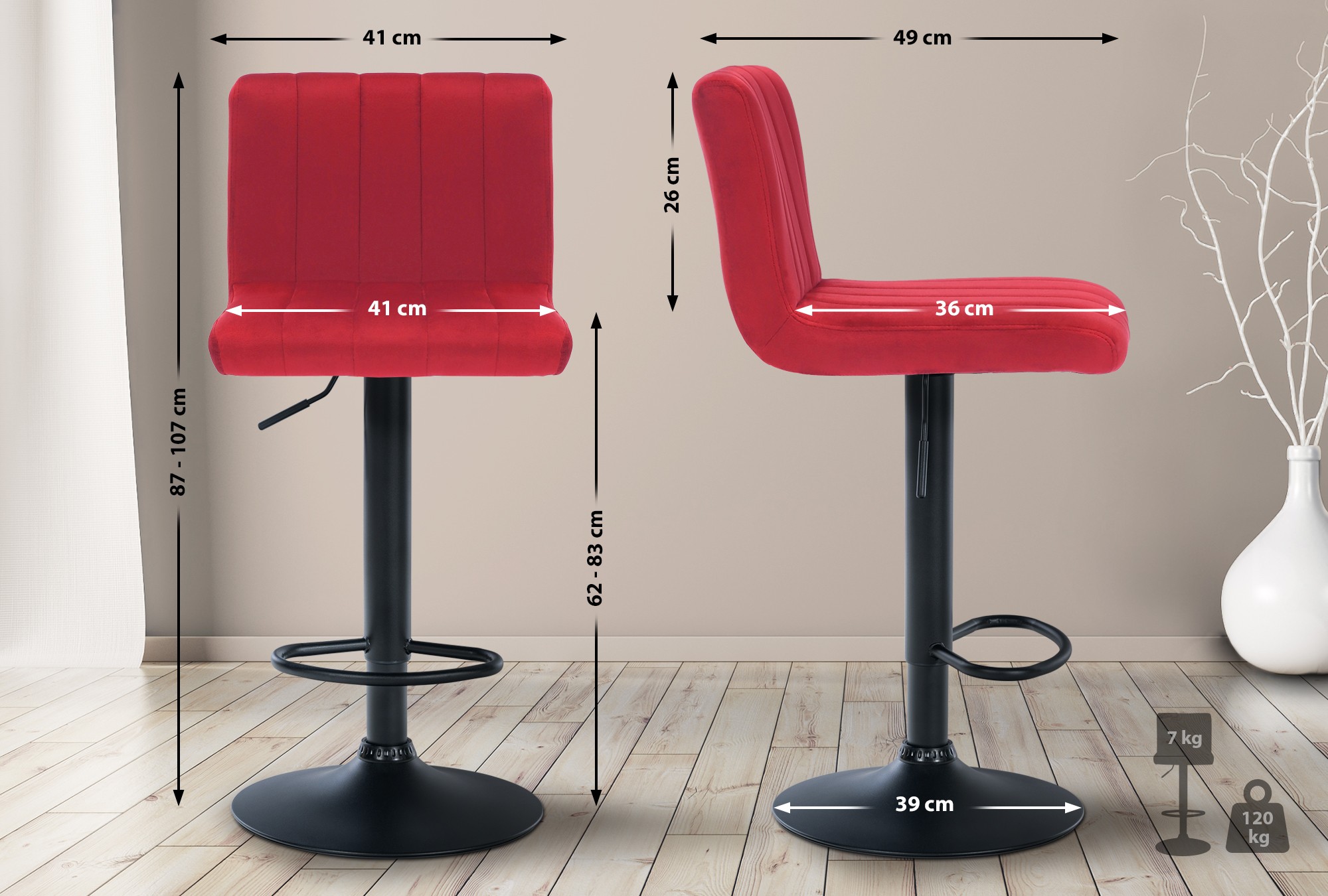 Tabouret de bar Jamie en Velours avec Piètement trompette en Métal