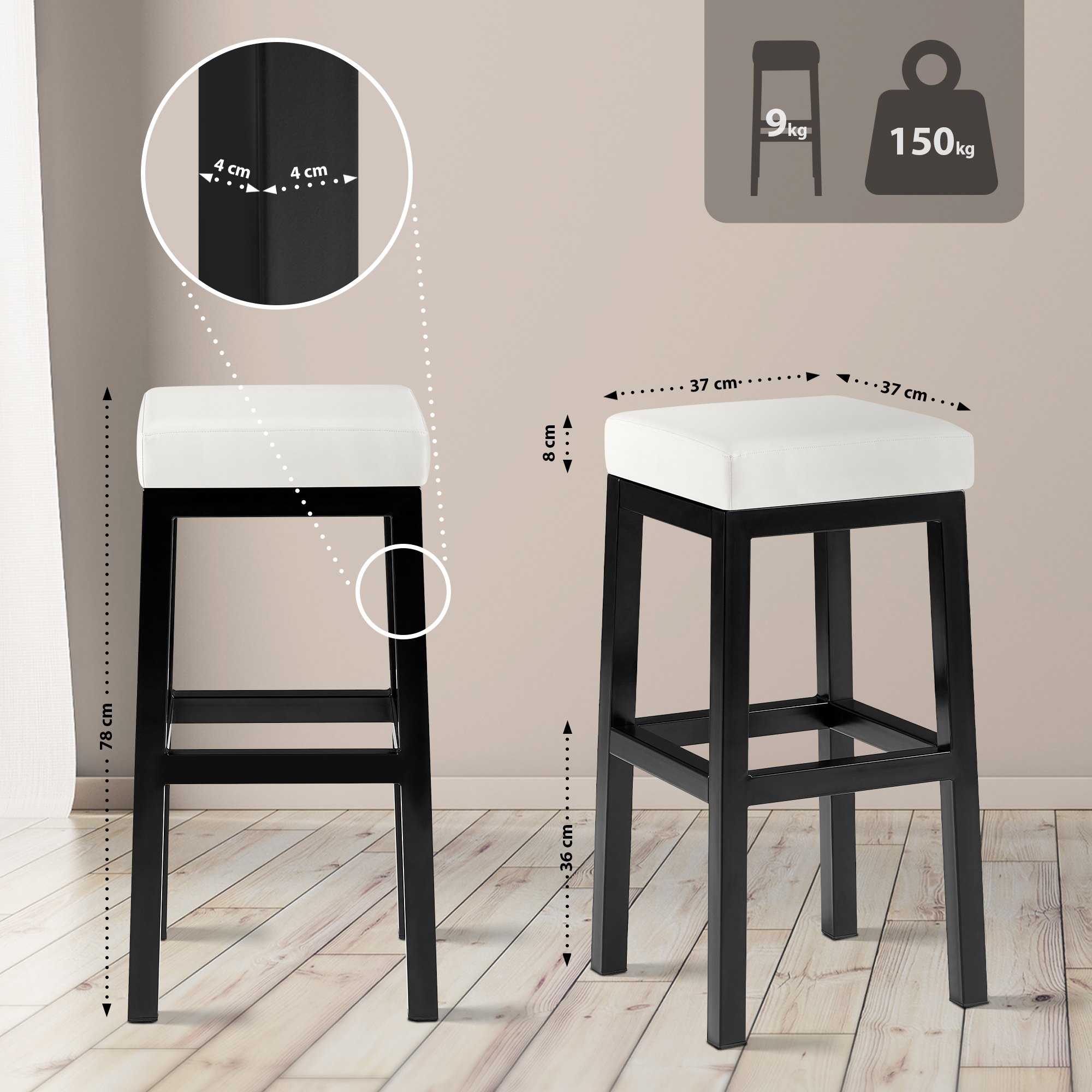 Tabouret de bar Taylor revêtement similicuir hauteur d'assise 78 cm piètement métal noir