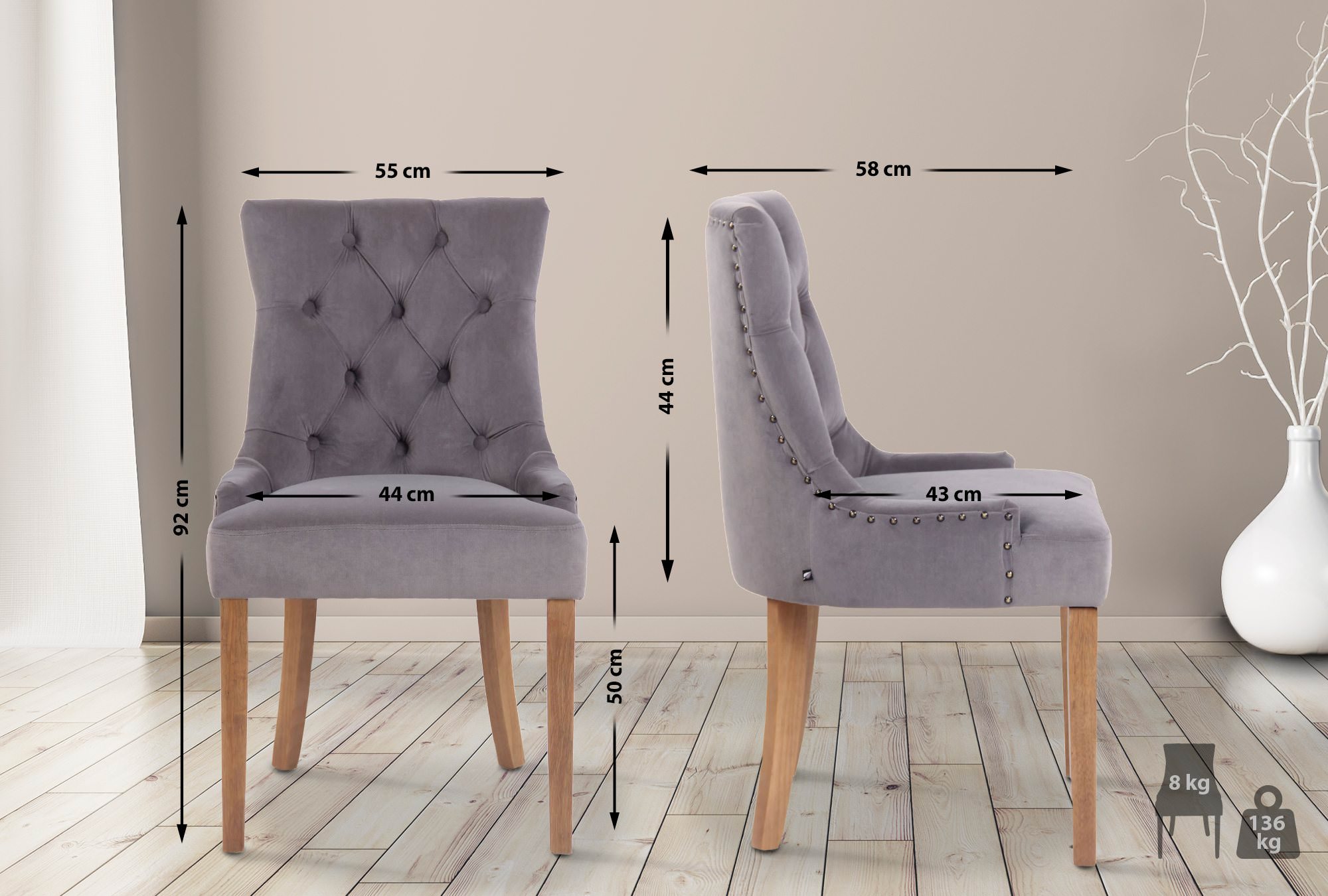 Chaise de salle à manger Aberdeen en Velours avec Piètement en bois d'hévéa