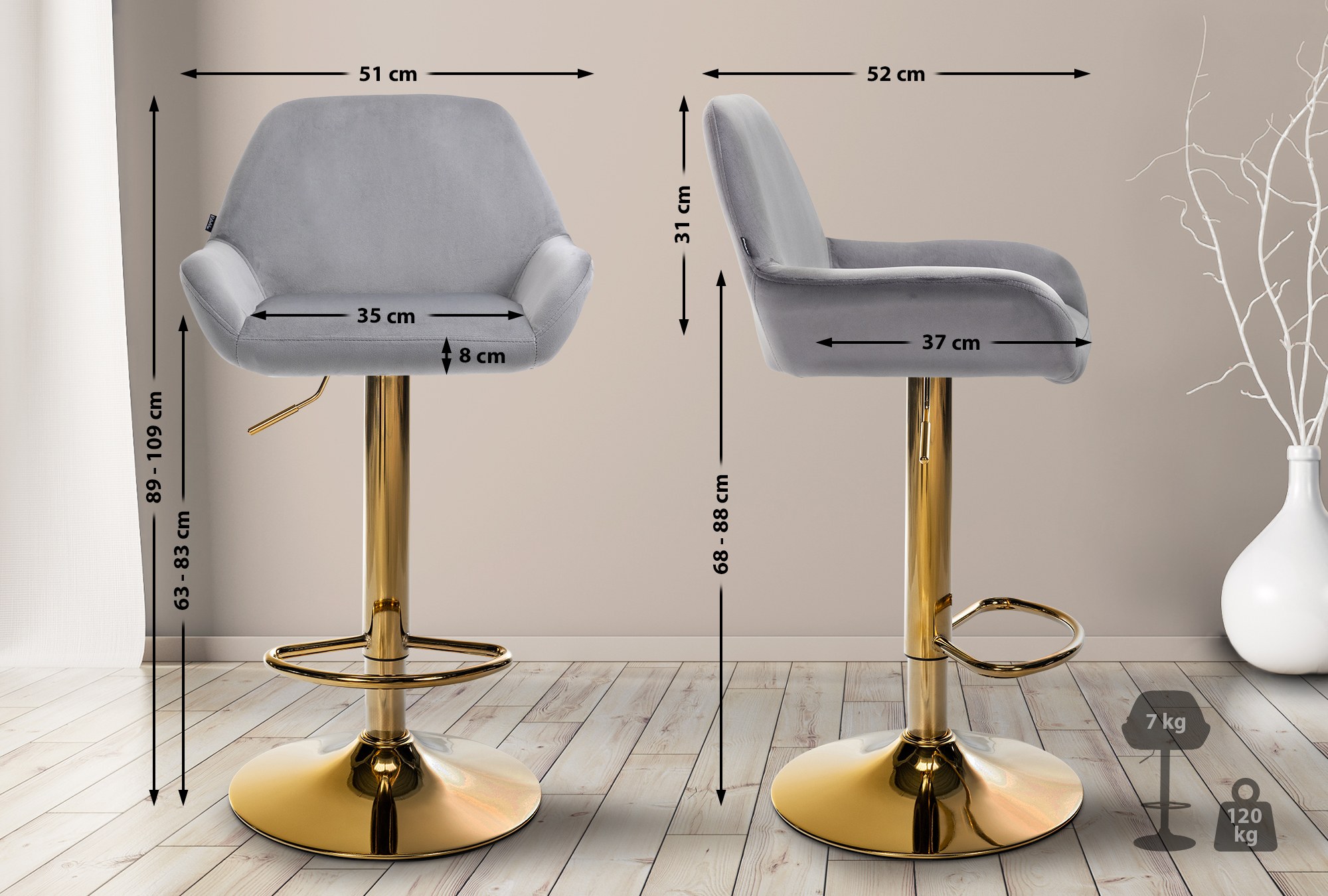 Lot de 2 tabourets de bar Braga or velours