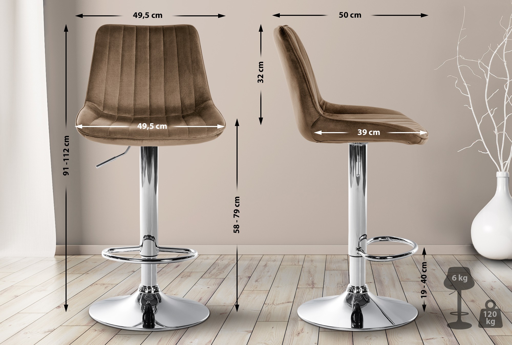 Tabouret de bar Toni en velours