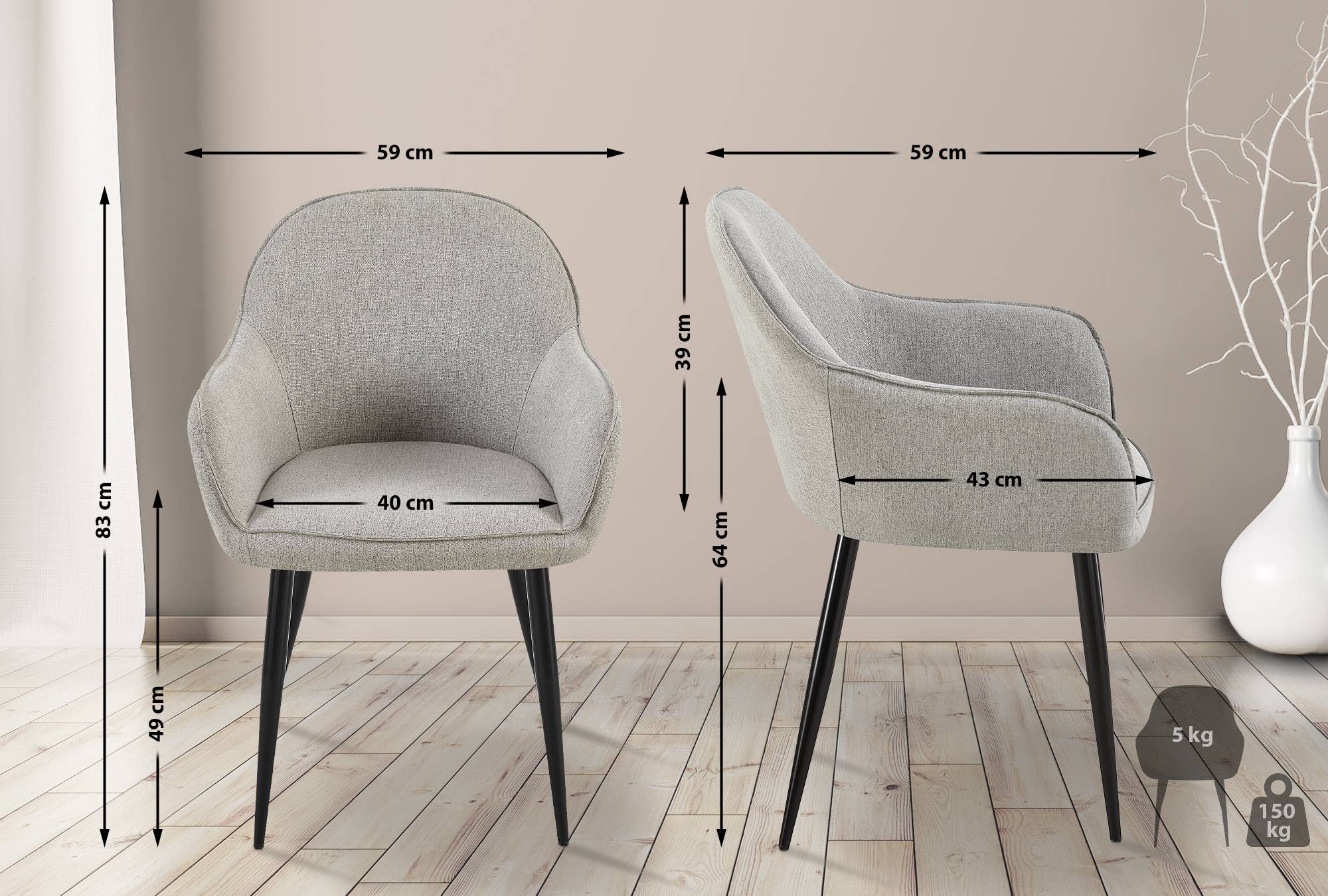 Chaise de salle à manger Boise en Tissu avec Piètement en Métal noir