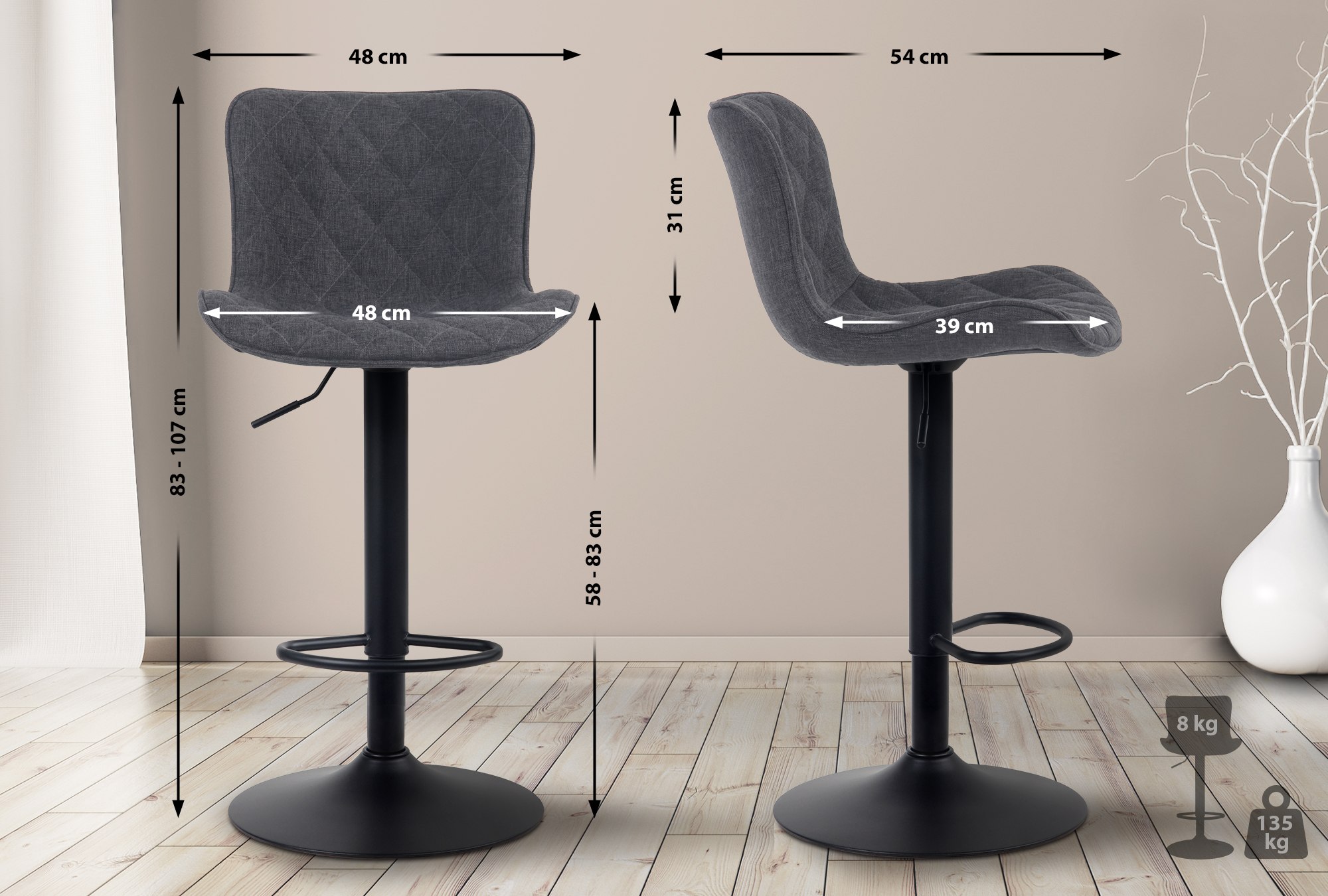 Tabouret de bar Emma Pied en Métal Hauteur réglable Siège pivotant