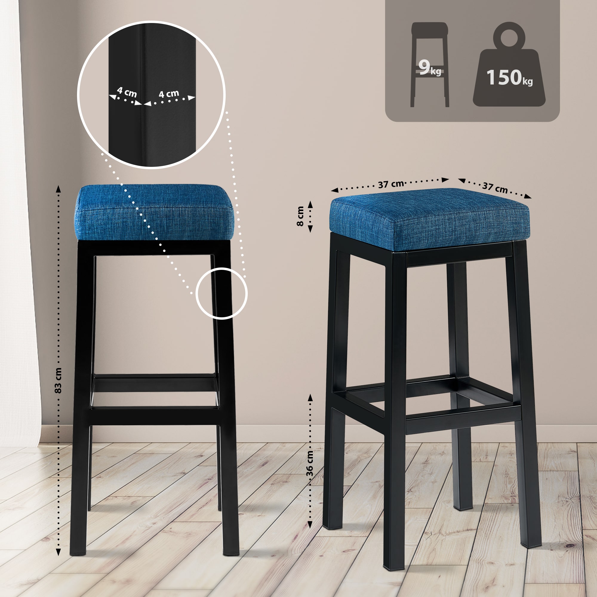 Tabouret de bar Taylor hauteur d'assise 83 cm piètement métal noir