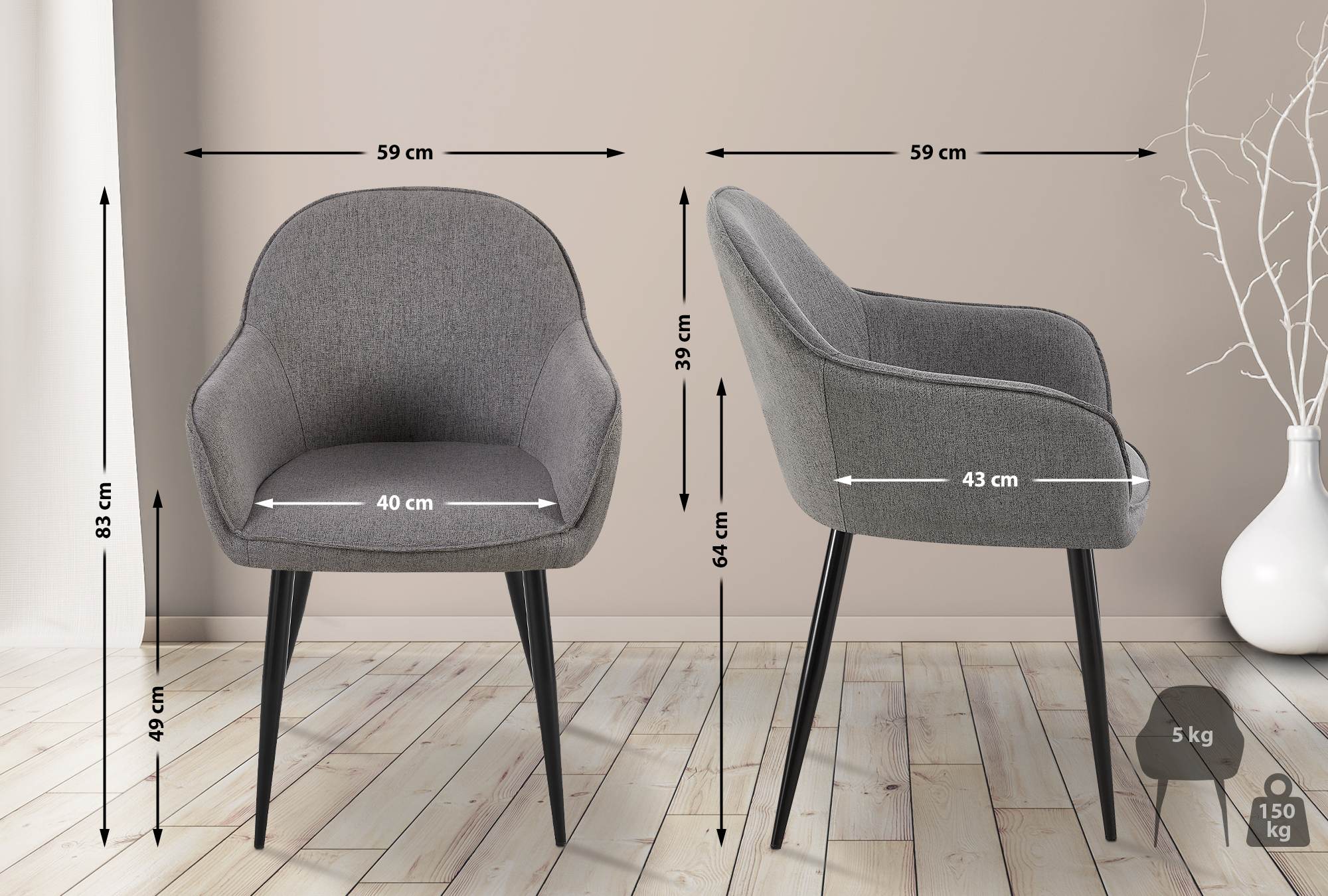 Chaise de salle à manger Boise en Tissu avec Piètement en Métal noir